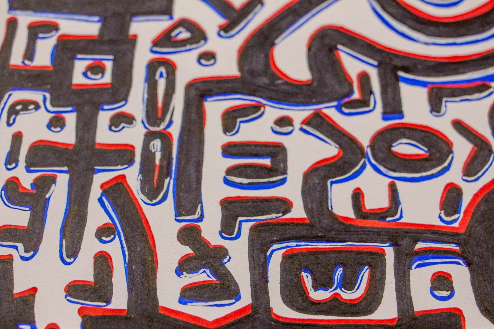 Flux Impromptu 002 detail: micro-glyphs, dots, dashes, and a curled “3” nested in tight conduits; slight red/blue registration drift