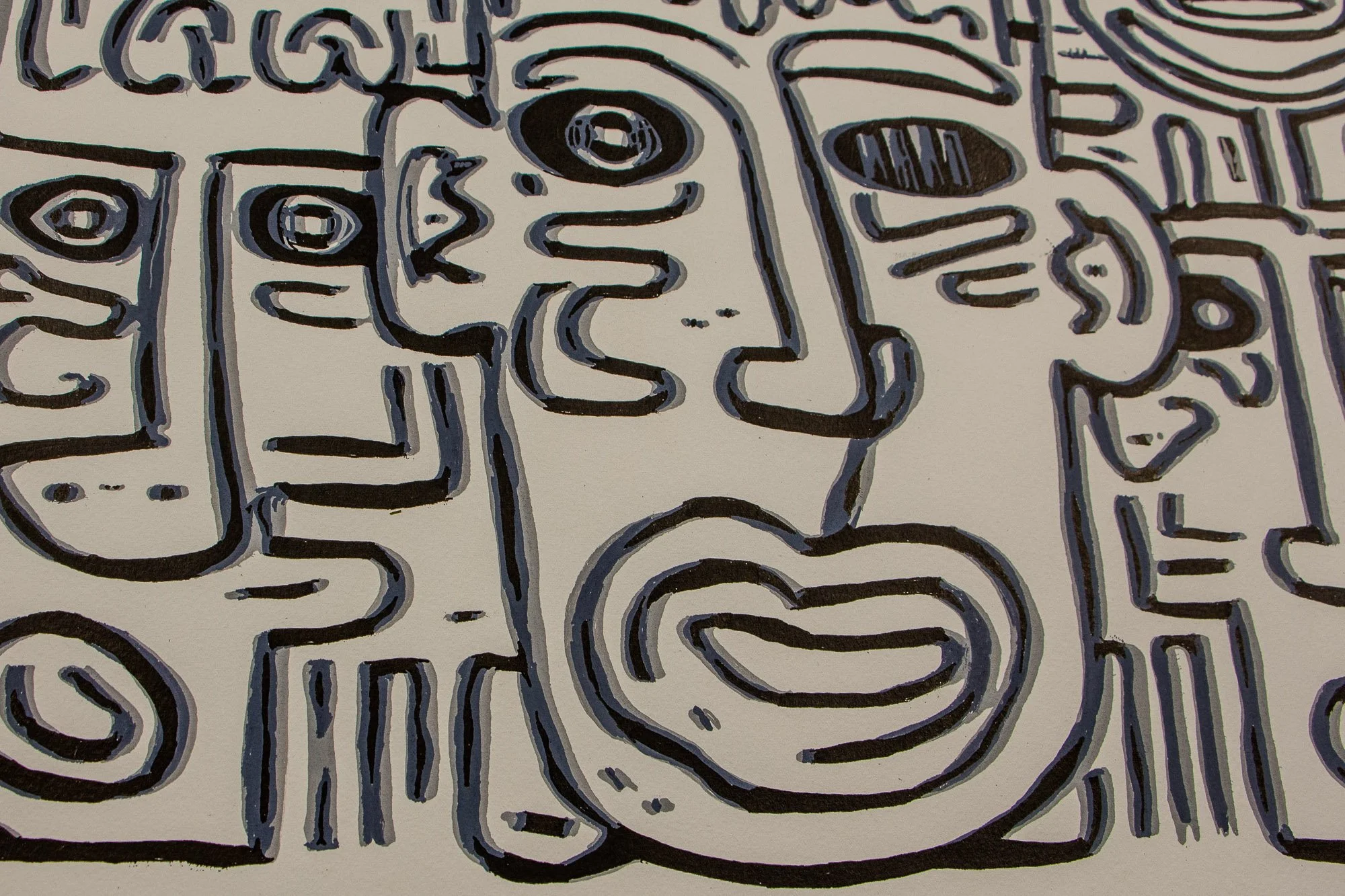 Luminous Parallax 001 detail: close-up of the lower central face, with one wide round eye, one striped eye, and a wavering line above the brow, rendered in black and soft grey on a white ground.