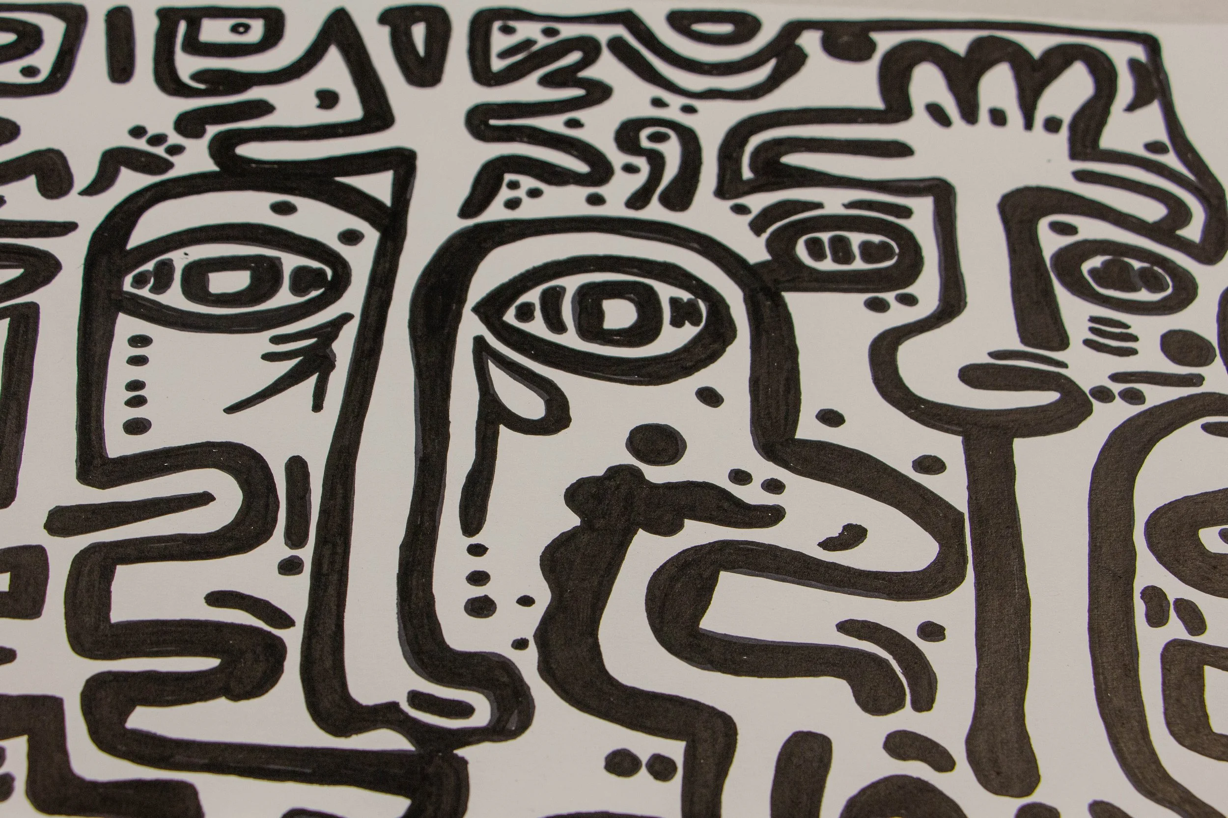 Formless Equation 001 detail: central long-nose face with tear drop and dotted ornaments, bold gestural ink on paper
