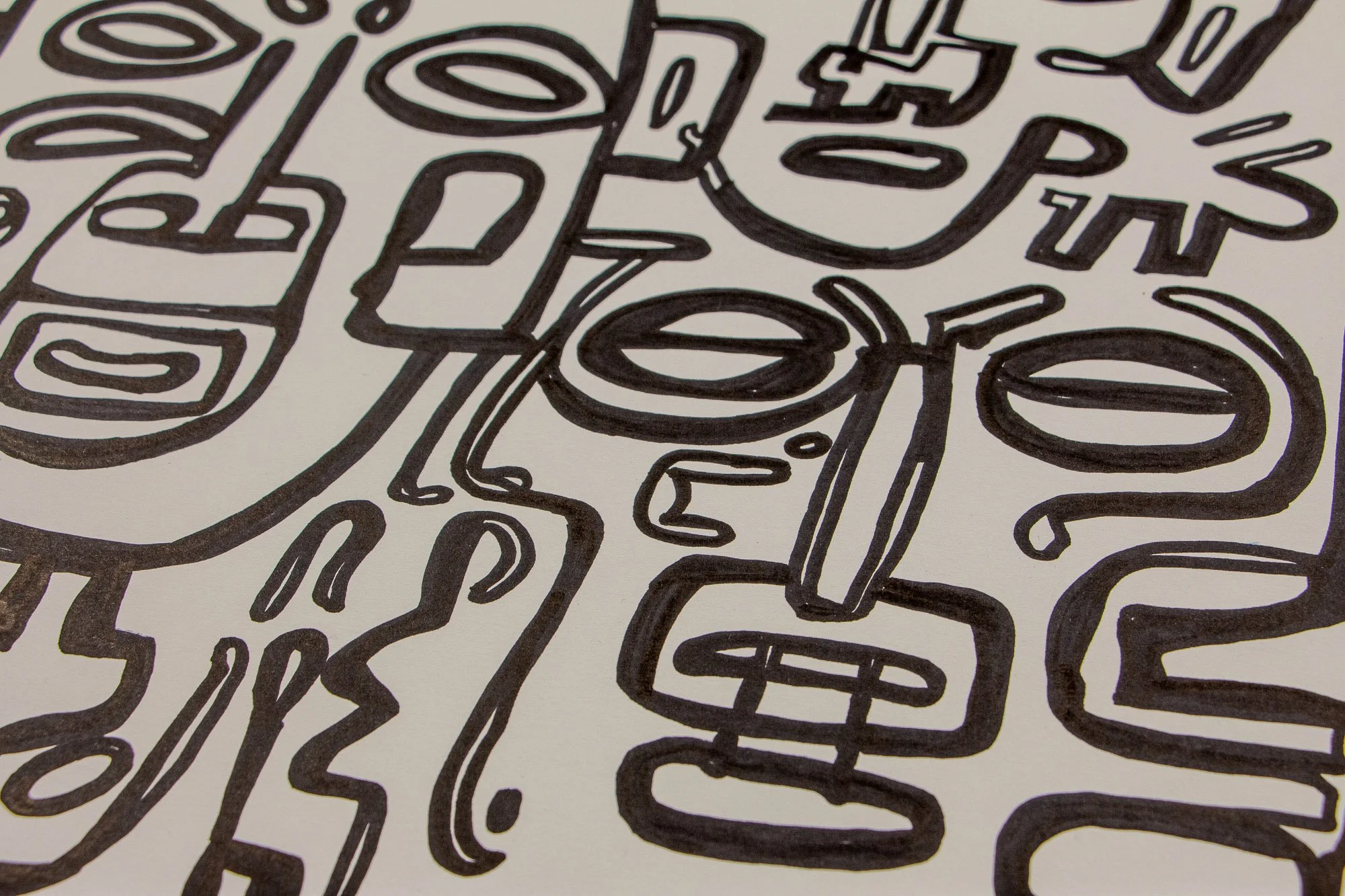 Veiled Alchemist 002 detail: angled close-up of a skull-like face beside elongated geometric forms, highlighting the contrast between open white space, thick black contours, and the drawing’s restless internal movement.