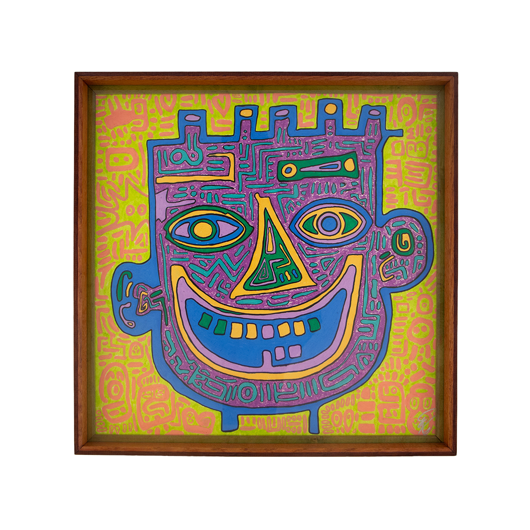 This image carries a stronger sense of tension and inner complexity, as if several emotional registers are competing for visibility at once. Unseen Signifiers: Artwork 009; framed colorful artwork featuring a vivid purple face