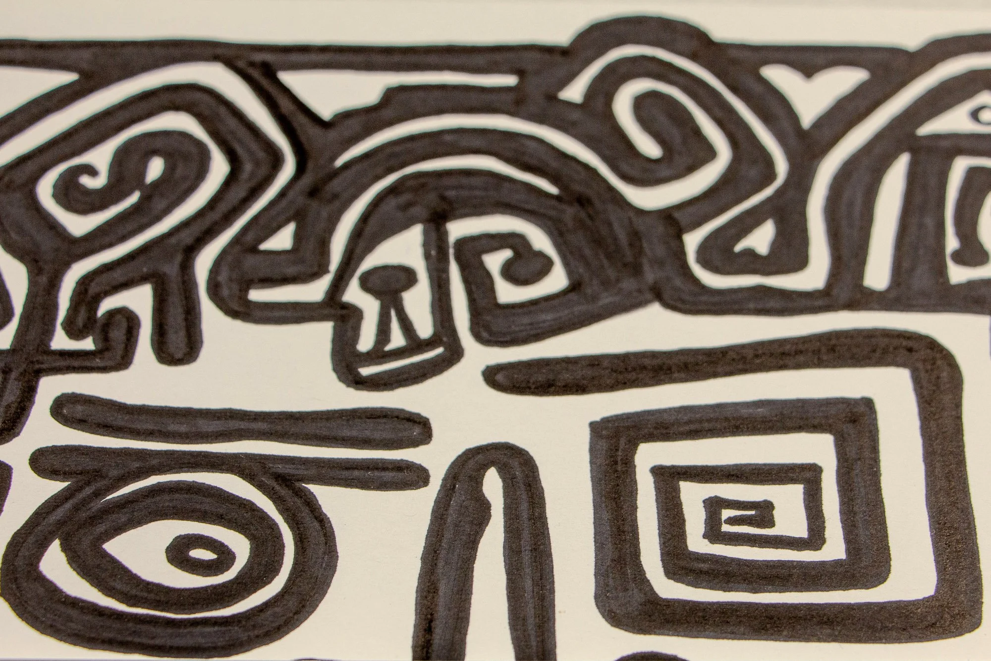 Veiled Alchemist 004 detail: upper-right close-up of swirling black contours, an eye motif, and a square spiral form, revealing the drawing’s rhythmic balance between structure and fluidity.