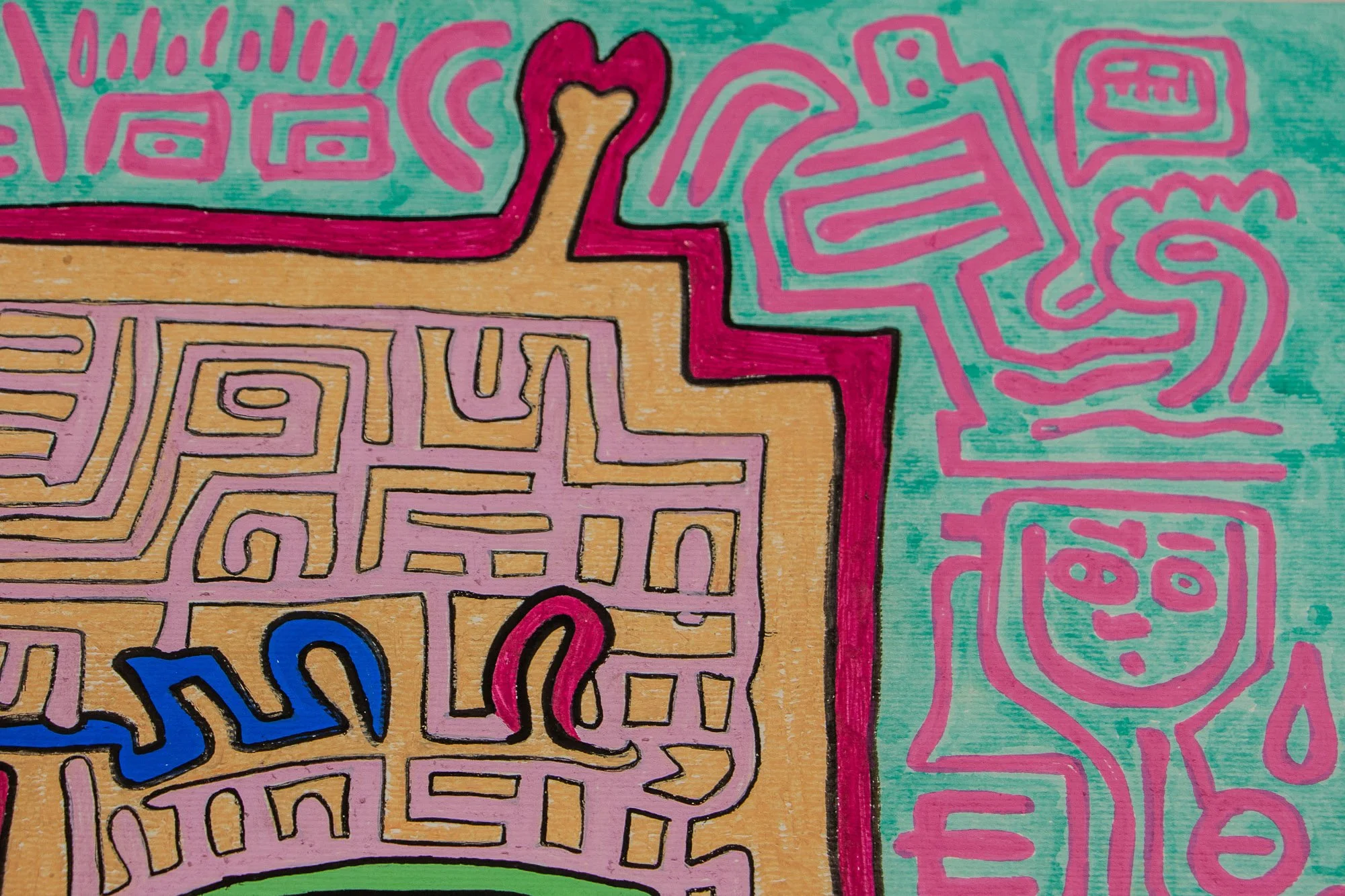 Unseen Signifiers 004 detail: right-side background close-up with pink line figures on turquoise, including face-like and vessel-like forms beside the magenta edge of the facial structure.