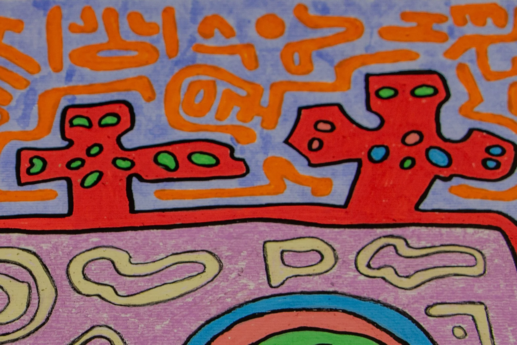 Unseen Signifiers 010 artwork detail: close-up of the pale blue background with orange glyph-like motifs, showing the layered brush texture and the sharp black contour of the adjacent red face outline.