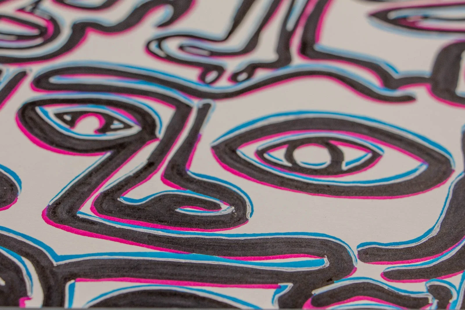 Silence’s Caesura 001 detail: extreme close-up, paired eyes, one half-closed; heavy contour lines with vibrant pink and cool-blue halos