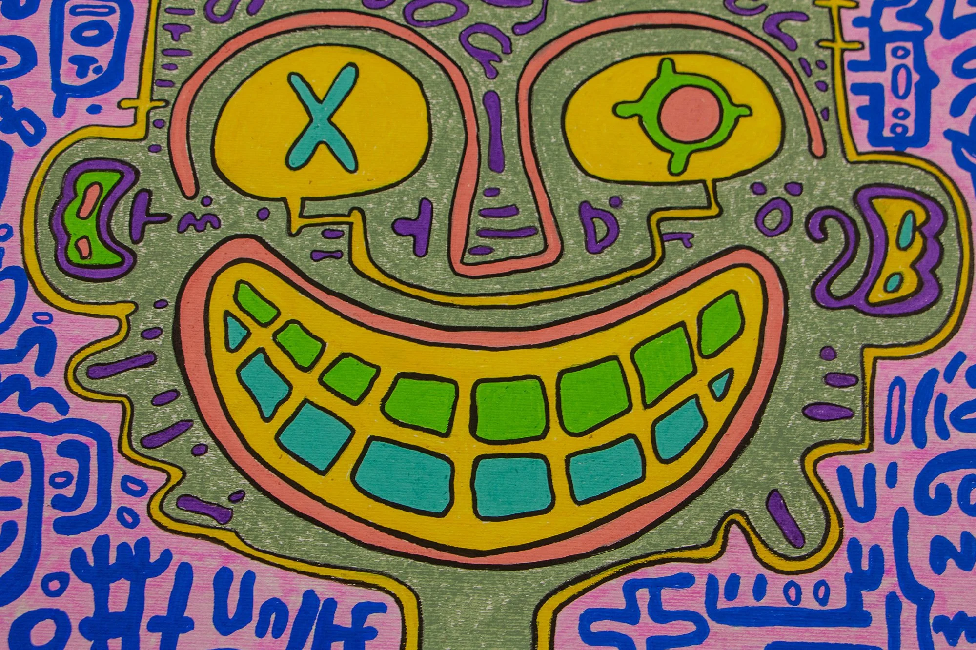 Unseen Signifiers 007 detail: full close-up of a smiling face-like figure with yellow eyes and a broad yellow-and-green mouth, set within an olive-green central field on a pink and blue ground.