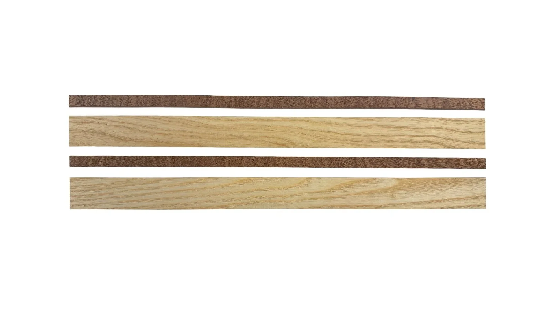 Four wooden strips, alternating light and dark wood, arranged horizontally on a white background.