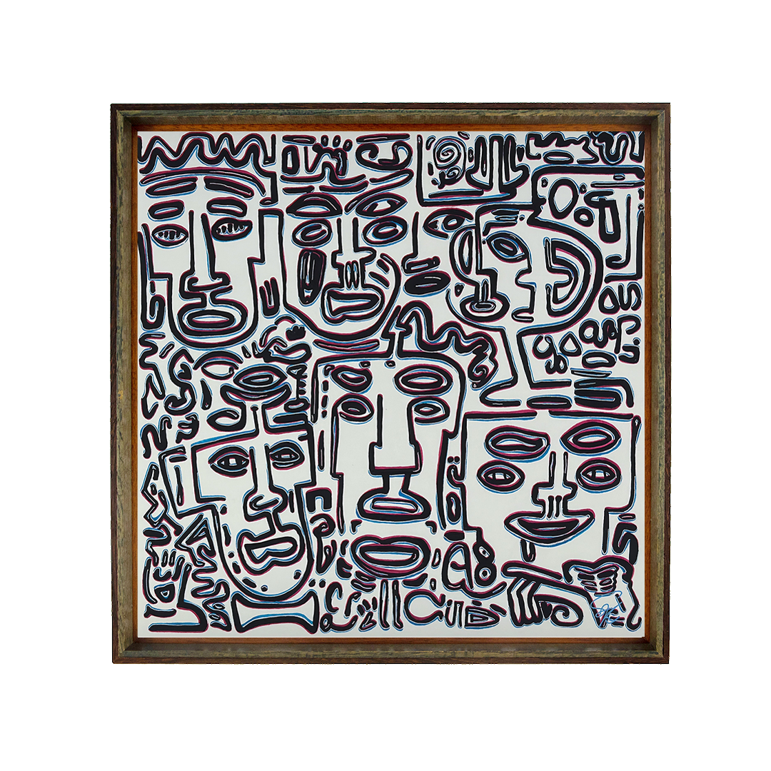 Stillness forms an axis; two tall masks hold the center while pauses make room for meaning to land. Silence’s Caesura: 002; ink on paper; floating mount; oak–mahogany–wengé frame with shifting blue/pink liner; pink & blue offsets.