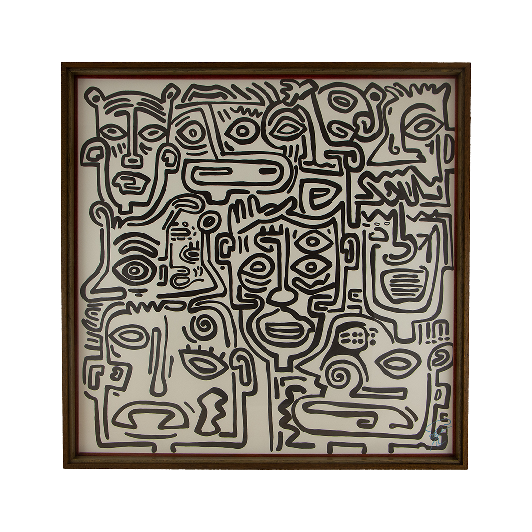 Resonant Syntax 003; black ink on paper; layered mahogany-and-oak frame in a red, green, and granada sequence.