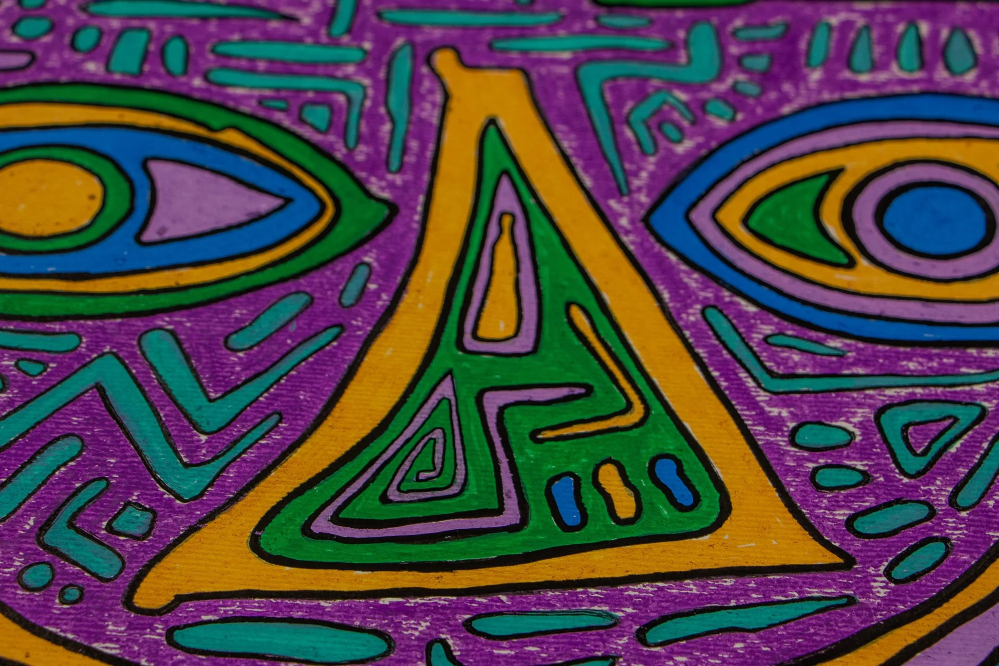 Unseen Signifiers 009 artwork detail: close-up of the central face, focusing on the two eyes and the angular green-and-gold nose shape against the purple ground.