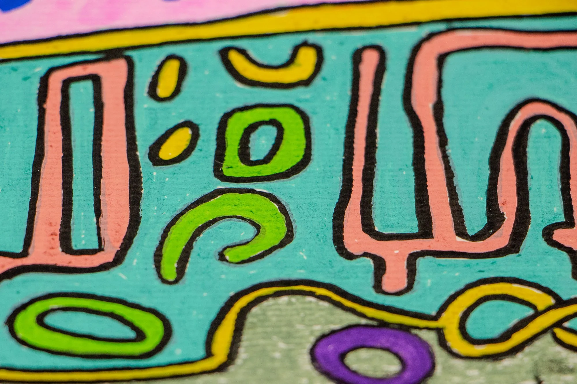 Unseen Signifiers 007 detail: macro close-up of pink linear forms with black outlines and small lime-green and yellow symbols on the turquoise band.