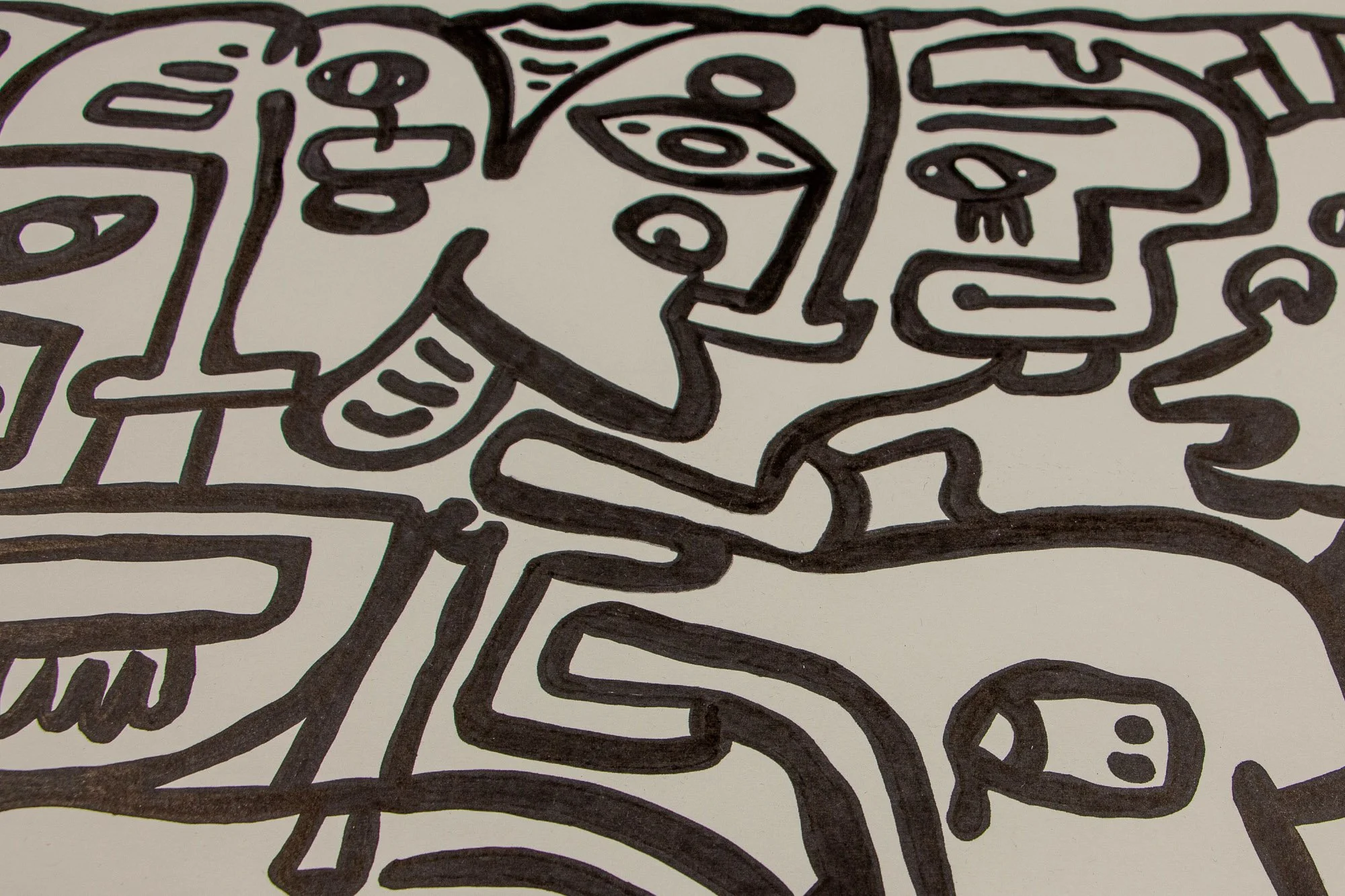 Elusive Cocoon 002 detail: angled close-up of a vertical abstract figure with an oval mouth containing rounded tooth-like forms, set beside curved contours and adjacent face fragments.