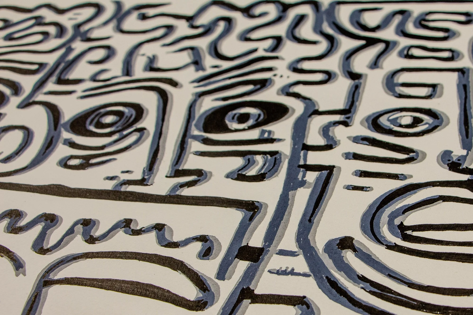 Luminous Parallax 001 detail: upper-field close-up showing two prominent eyes, meandering grey contours, and abstract facial traces, where the image shifts between figure, pattern, and optical unrest.