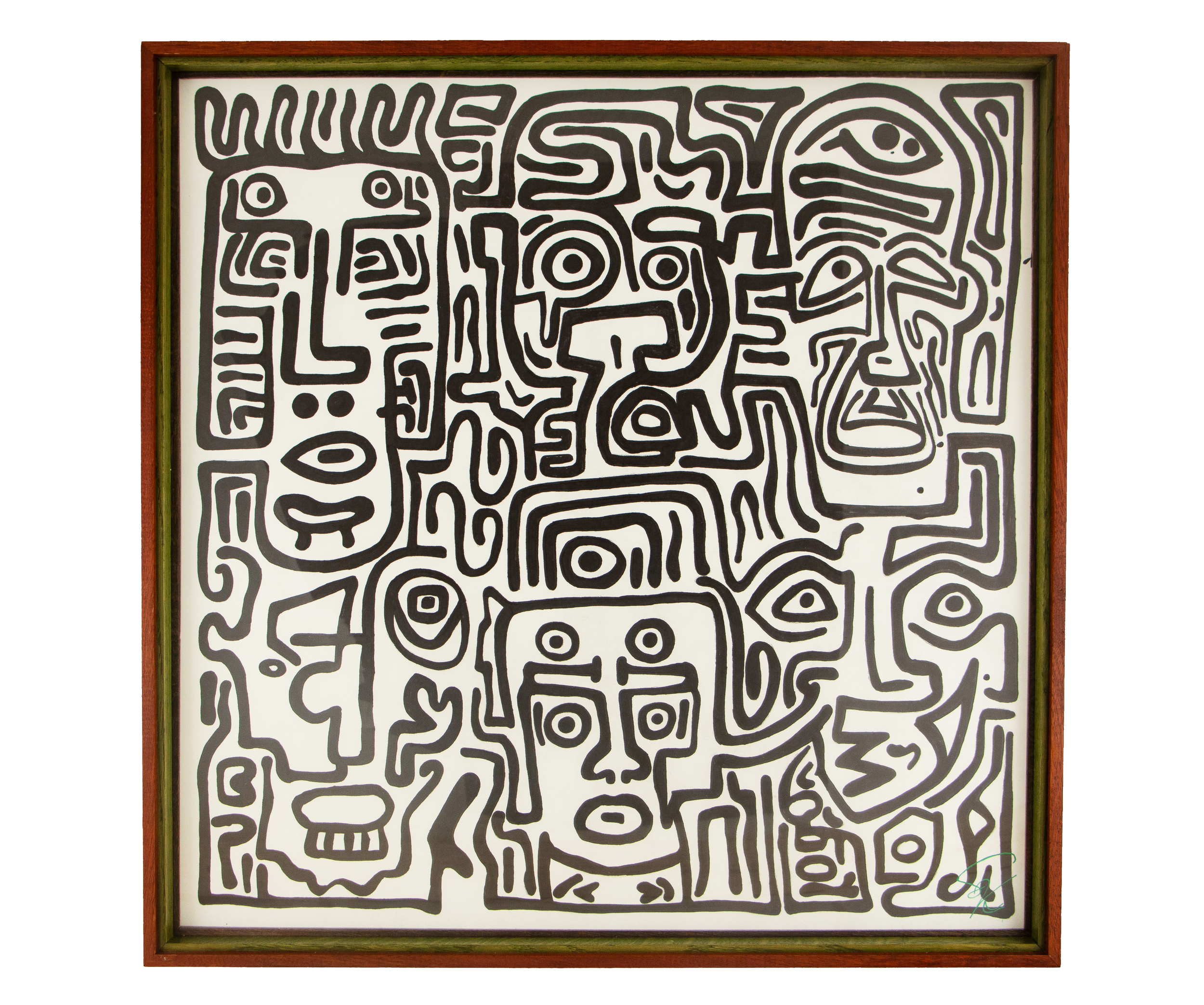 A crowded constellation of faces, eyes, and curved signs unfolds across the surface; urgency and softness remain intertwined within one continuous structure. Resonant Syntax 003; black ink on paper;