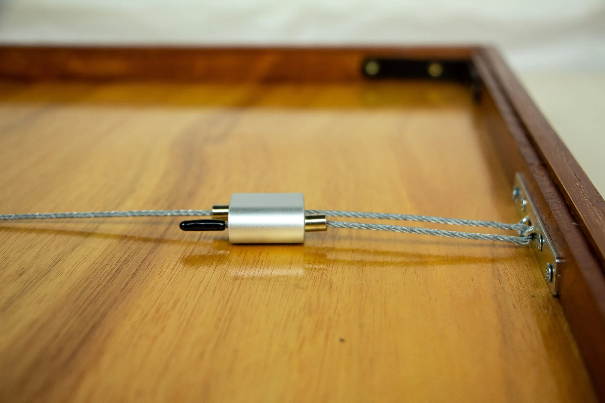 Elusive Cocoon 001 frame back: full reverse view with warm meranti plywood back panel and steel hanging wire mounted across the frame.