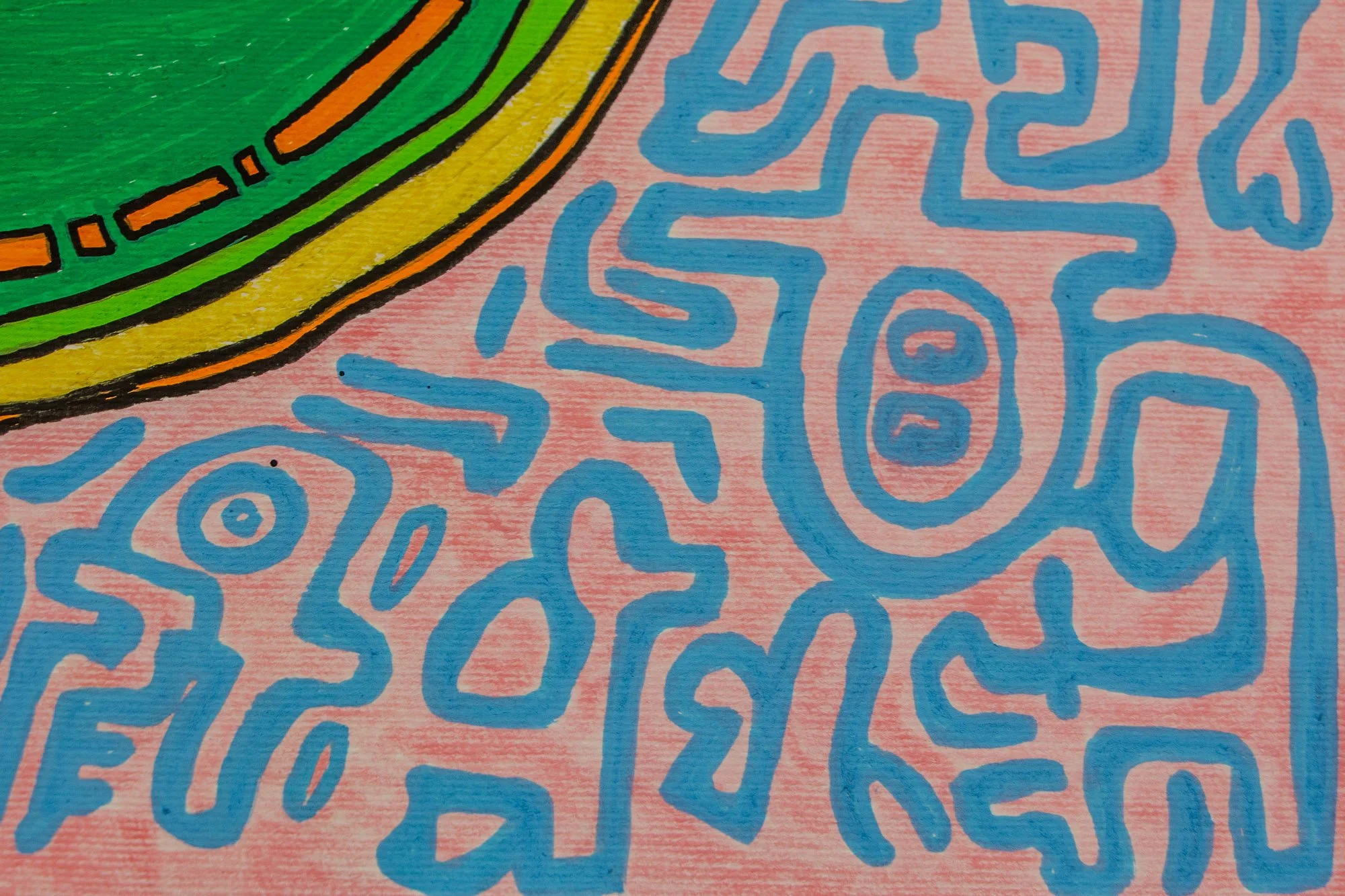 Unseen Signifiers 006 detail: close-up of the pink surrounding field with light-blue abstract symbols, including an eye-like glyph and looping linear forms beneath the curved green and yellow edge of the central figure.