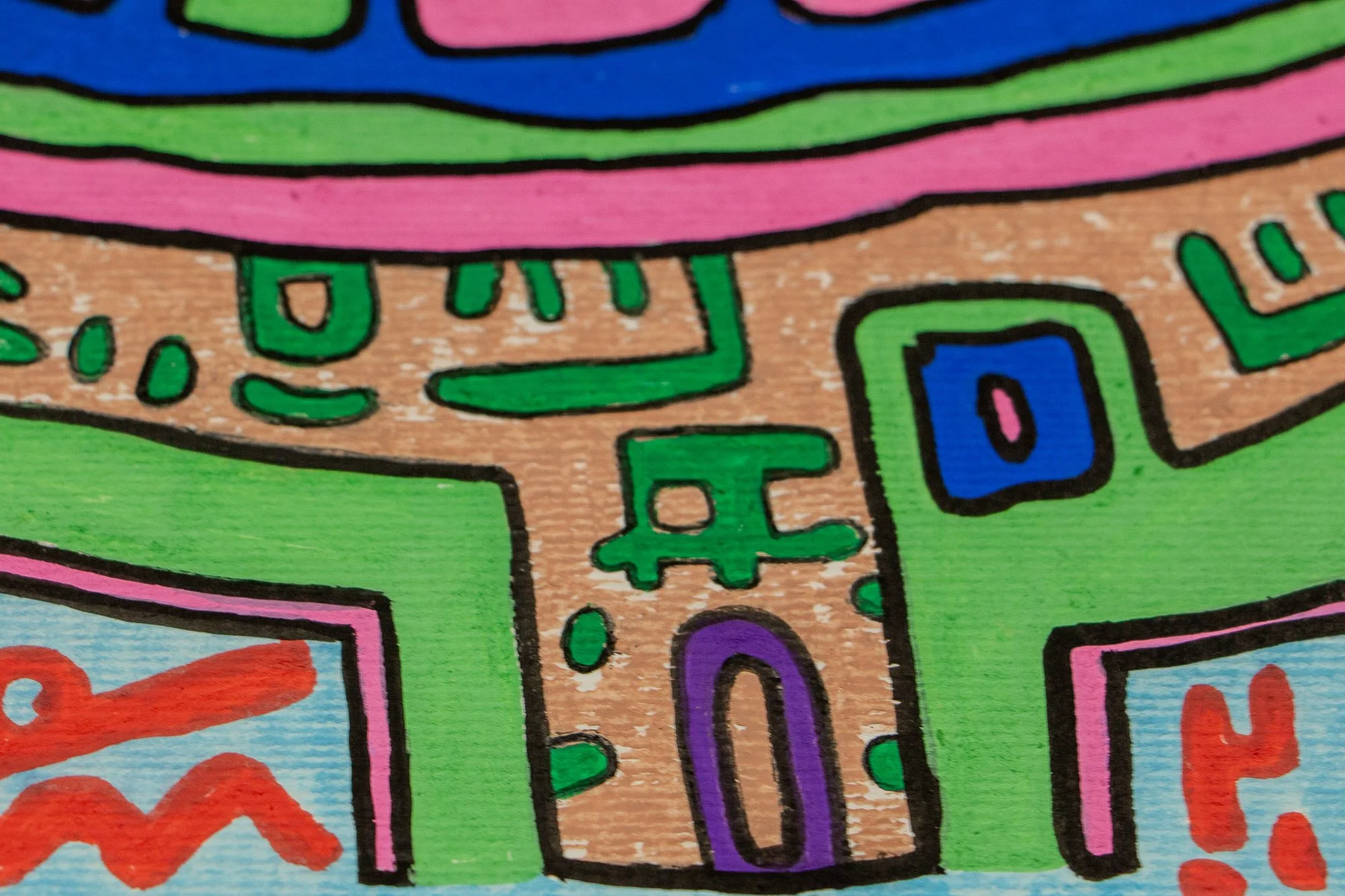 Unseen Signifiers 008 detail: close-up of the lower central motif beneath the mouth, showing green, blue, and purple symbols on the warm beige field framed by broad green forms.