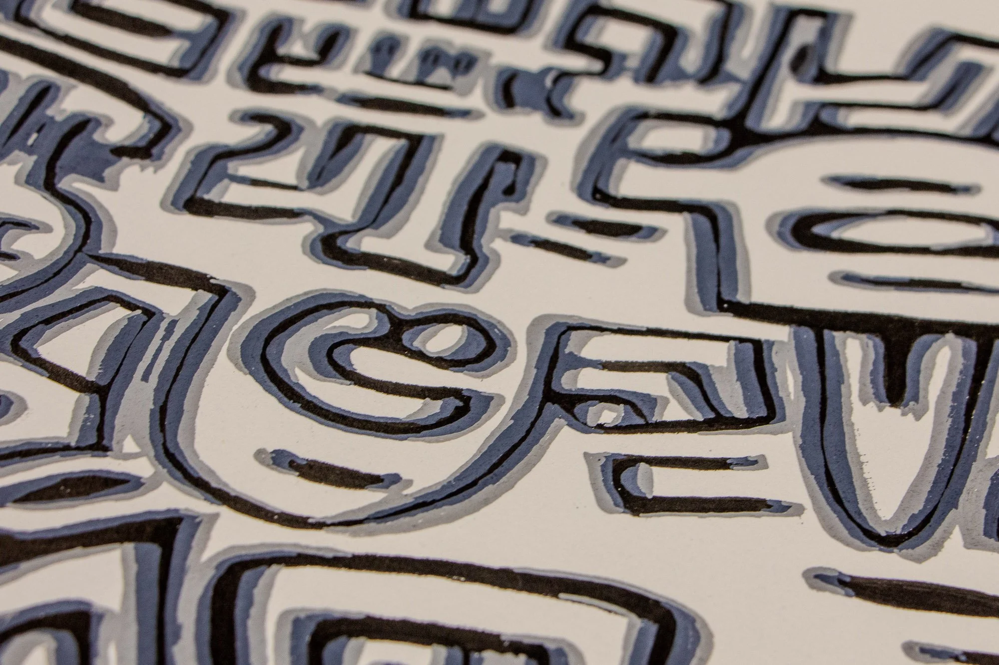 Luminous Parallax 004 detail: angled view across clustered linear forms, showing how faces and symbols emerge gradually from the repeated black and muted grey contour system.