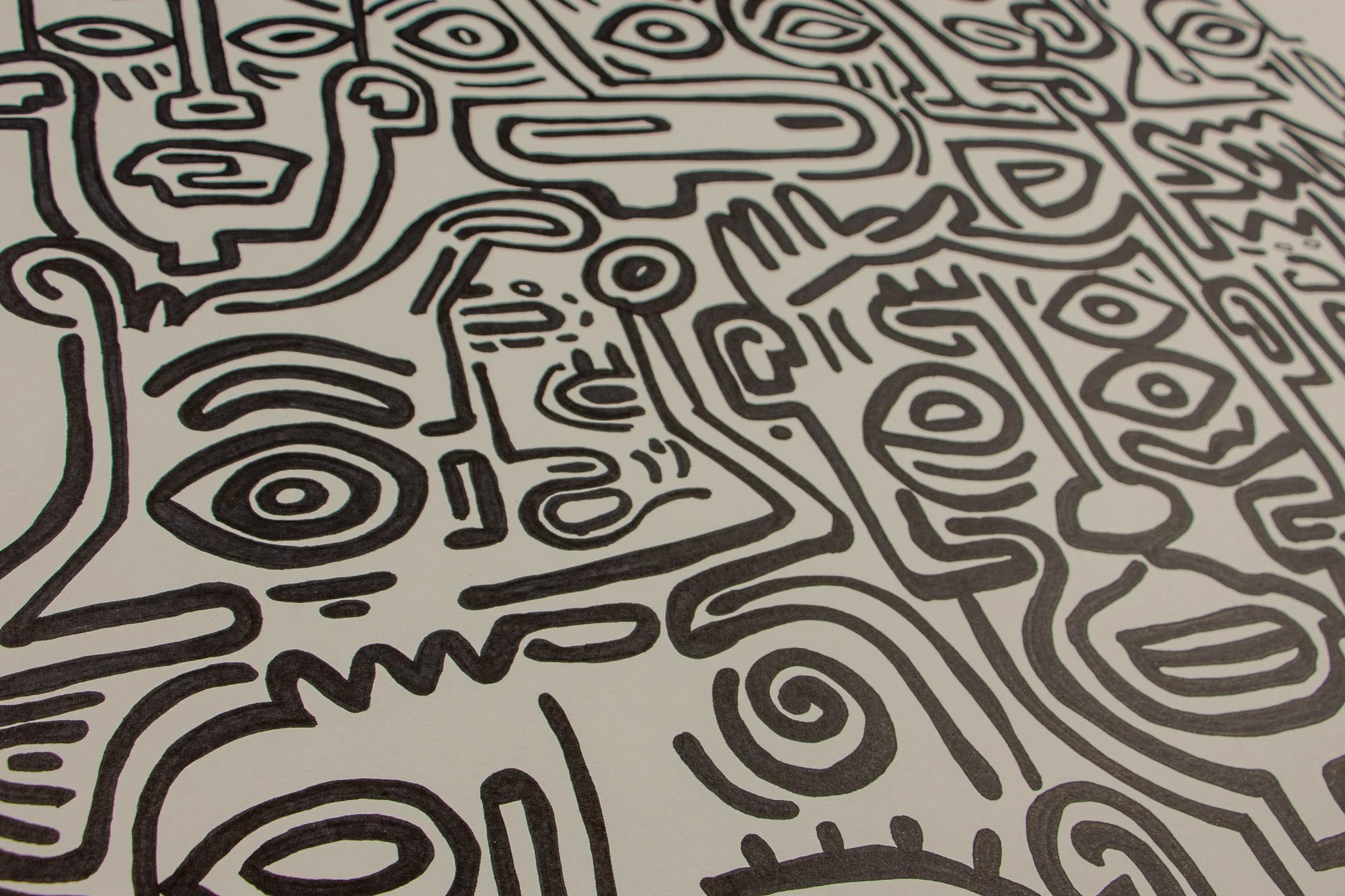 Resonant Syntax 002 detail: angled close-up of the upper central field, with a small embedded face, surrounding eye forms, and thick black contour lines moving through the composition