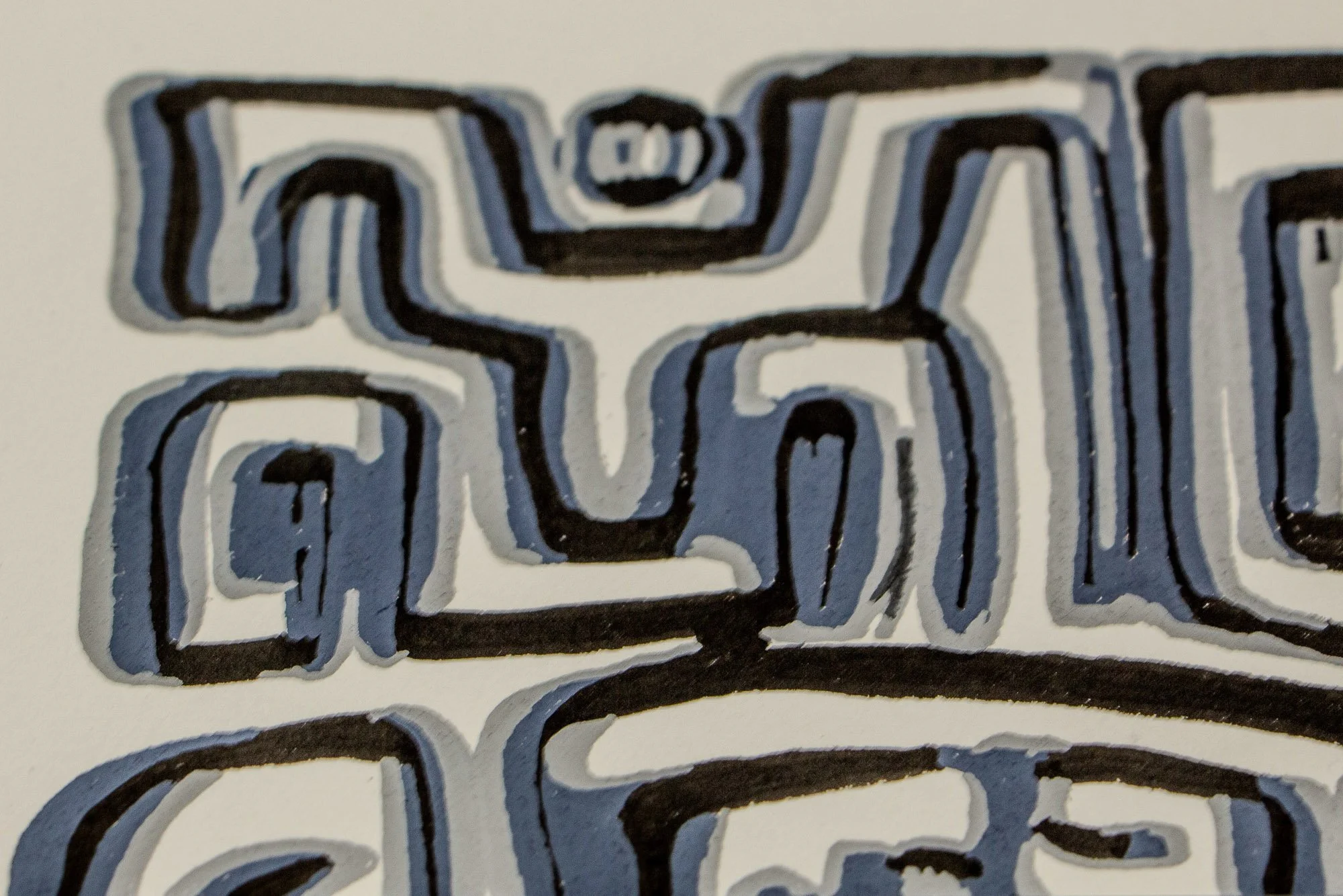 Luminous Parallax 004 detail: macro of interlocking abstract contours, focusing on the rhythmic black and grey line-work and the slight instability created by doubled edges.