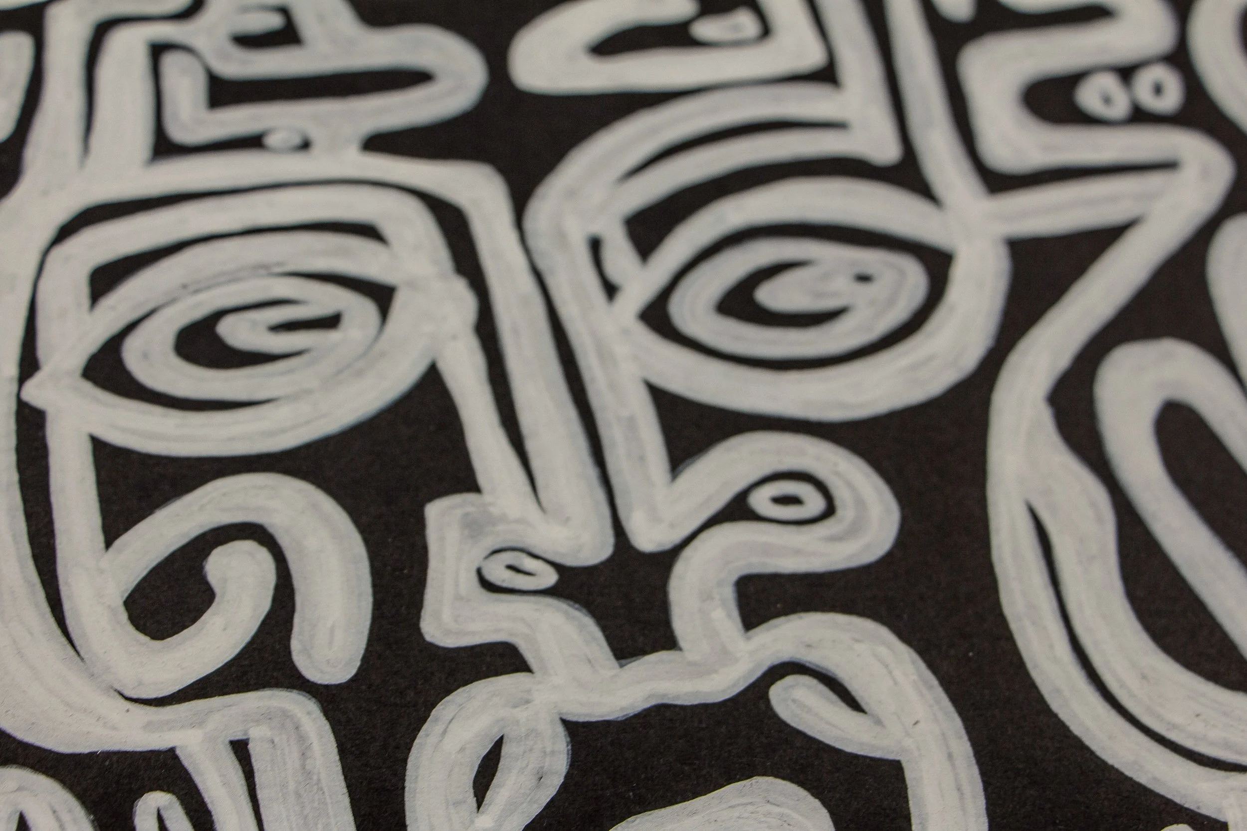 Turbulent Aegis 003 detail: close-up of adjoining eye motifs and facial contours, emphasizing the interconnected white linework, shifting expressions, and the textured painted surface.