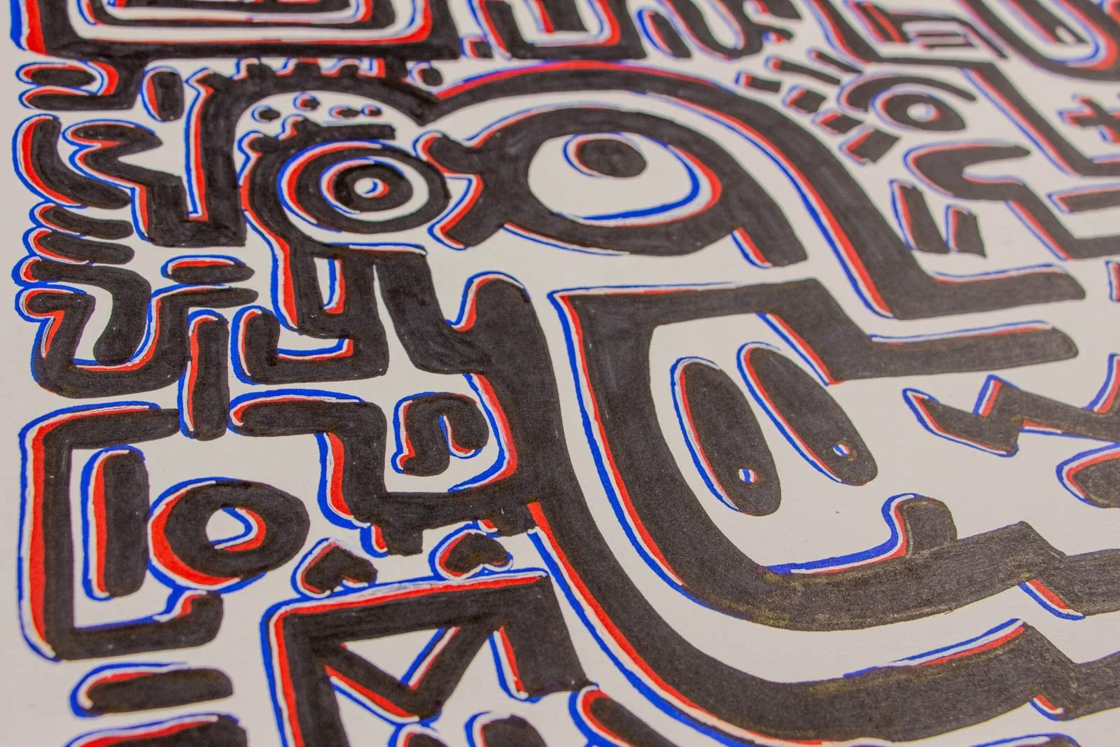 Flux Impromptu 001 detail: lower-left field, tight maze of bends and branching glyphs; tri-color offsets pulse along the edges