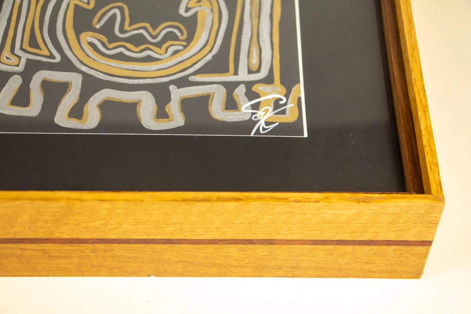 Golden Nostalgia 004 frame: corner interior, black mat float mount; artwork signature clears the liner