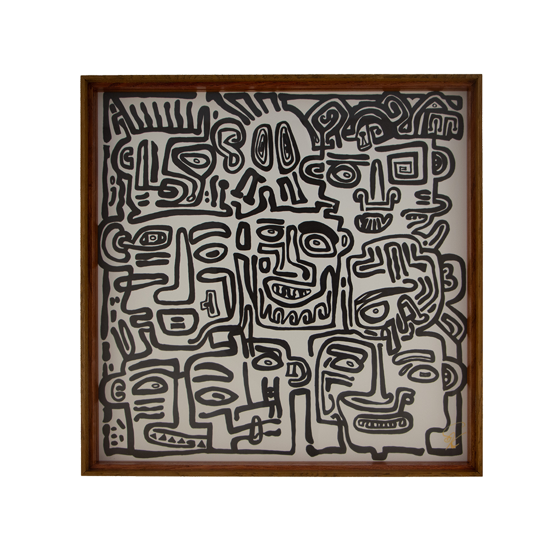 Several distinct faces press together here, giving form to an inward process in which criticism, reflection, and transformation coexist. Veiled Alchemist: Artwork 004; framed monochrome artwork on paper