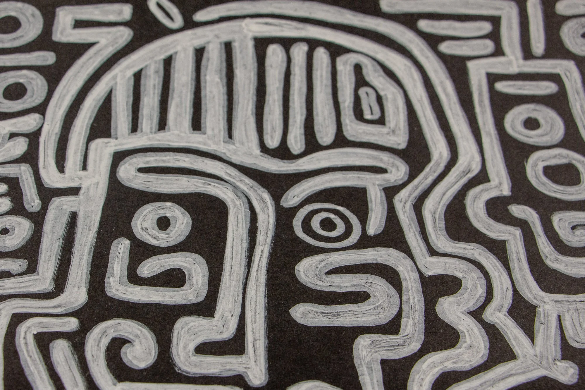 Mêlée of Discovery 005: close-up of the upper section of a face-like figure, highlighting the striped head, arched brow line, and contrasting circular eyes.