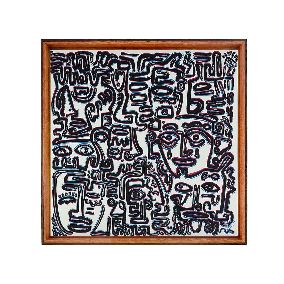 Gentleness stays present with pain; a tear-lined face meets the gaze and the maze softens without force. Silence’s Caesura: 003; ink on paper; floating mount; oak–mahogany–wengé frame with quiet pink/blue inner lip; pink & blue offsets.