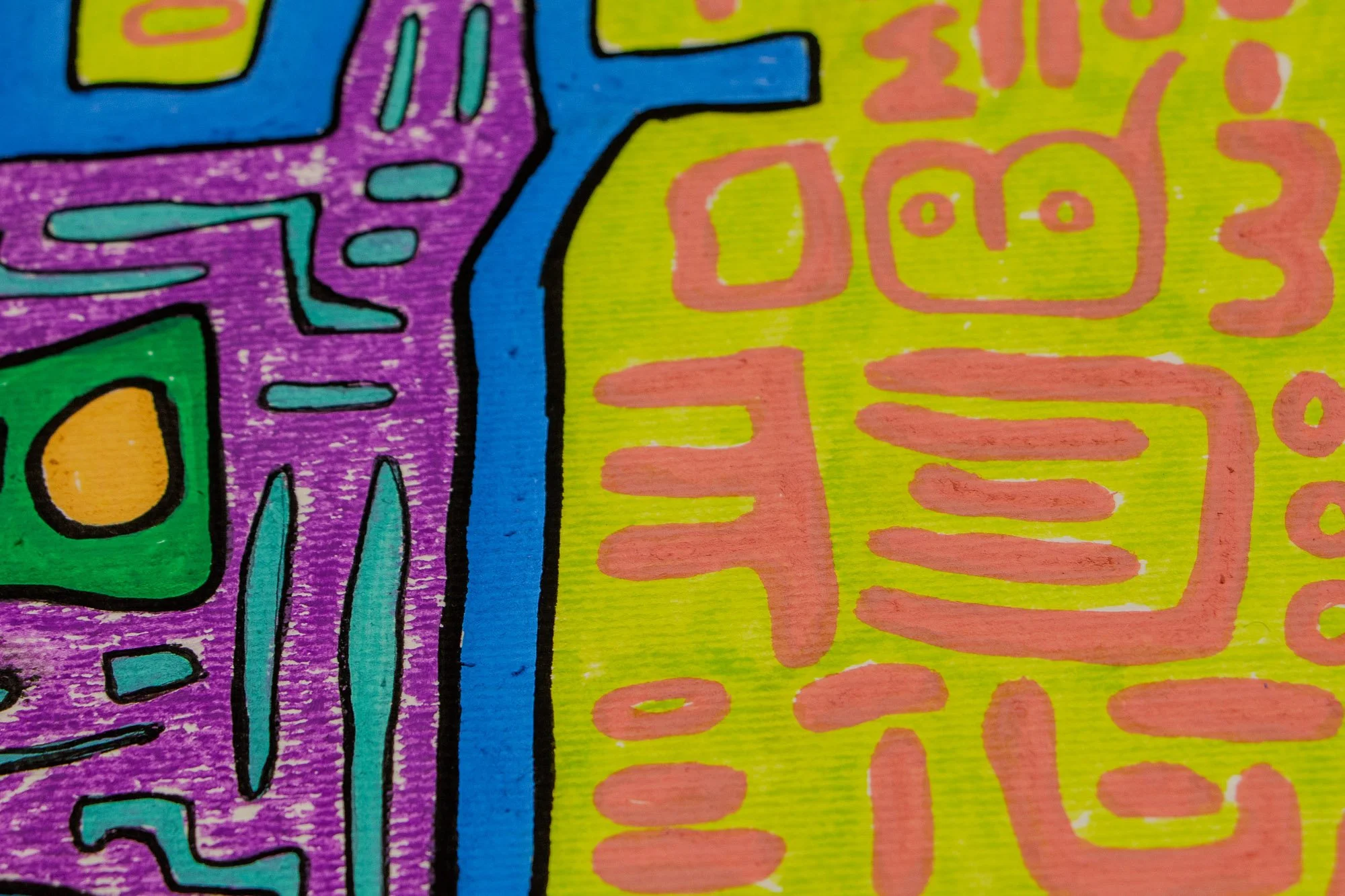 Unseen Signifiers 009 artwork detail: close-up of the lime-yellow outer field with soft pink glyph-like symbols, bordered by the blue contour and a sliver of the purple interior.
