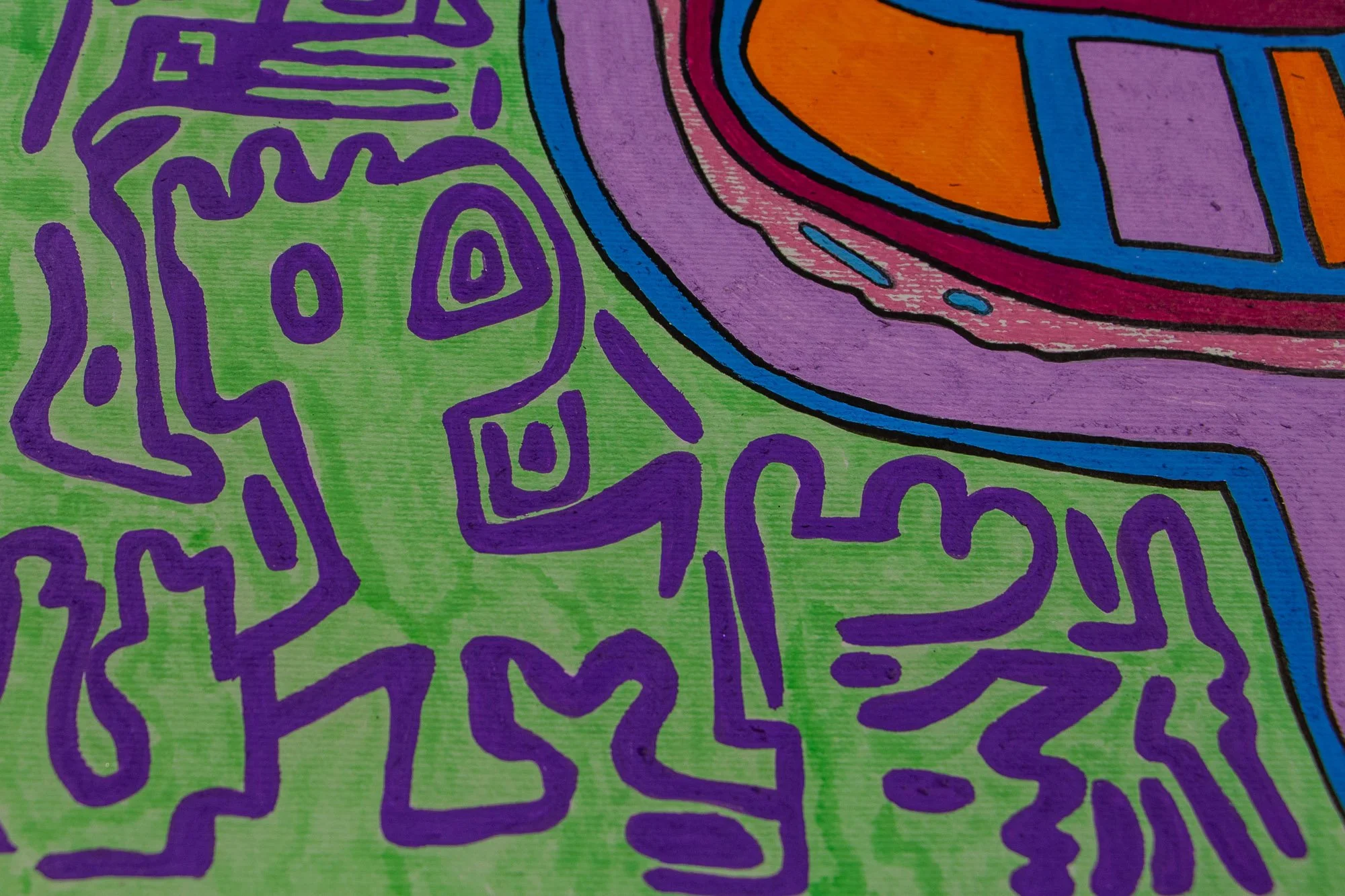 Unseen Signifiers 005 detail: lower-left close-up of the composition, focusing on the purple symbolic figure and labyrinth-like linework set against the green background.