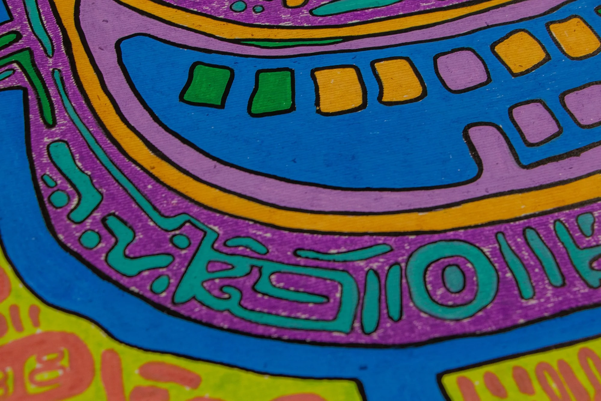 Unseen Signifiers 009 artwork detail: close-up of the lower face, showing the curved blue mouth form with green, gold, and lavender blocks, bordered by purple and turquoise linework.