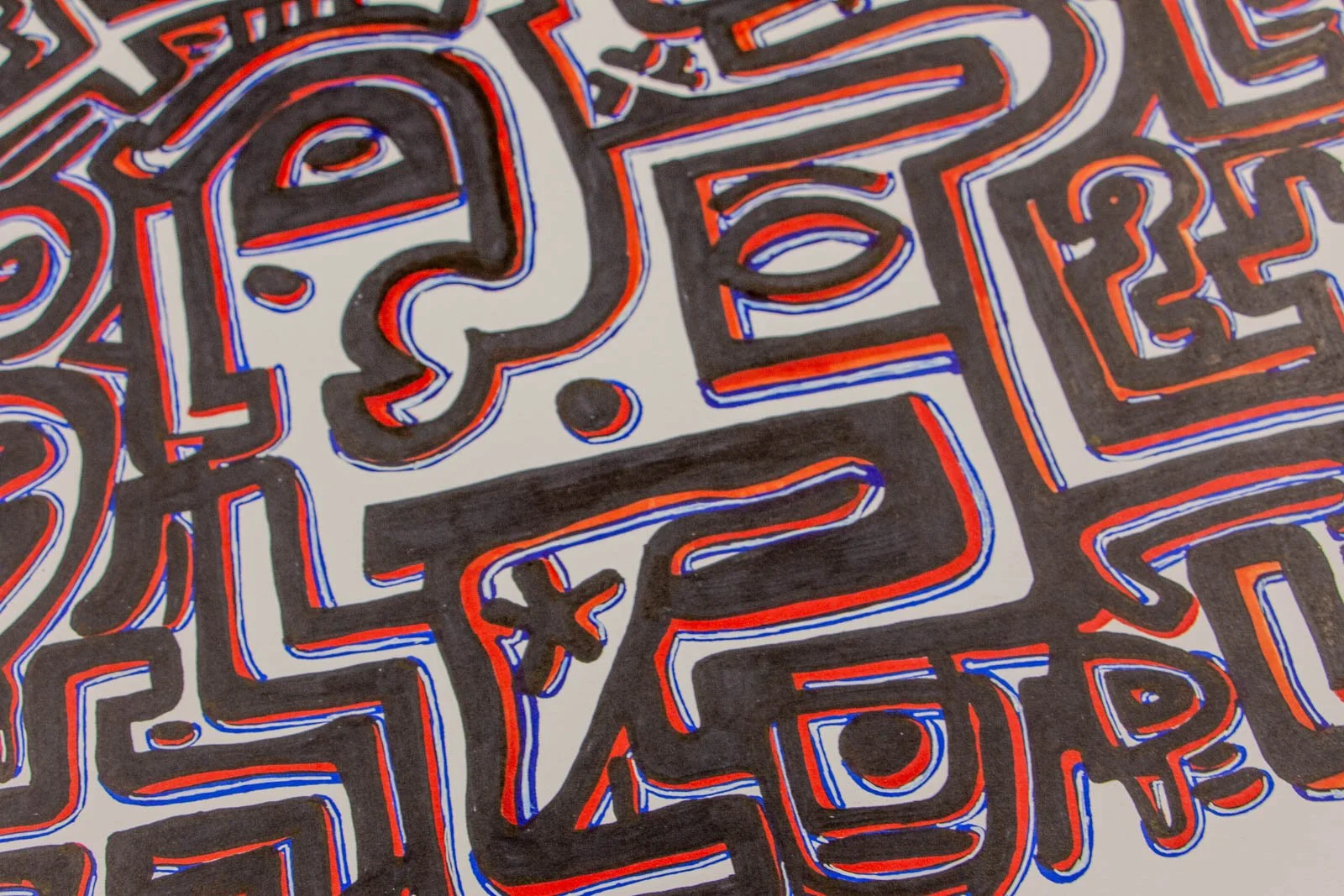 Flux Impromptu 003 detail: corner cluster, arched head profile with almond eye; boxed oval beside an asterisk mark; dense black strokes edged in red and blue on warm white paper