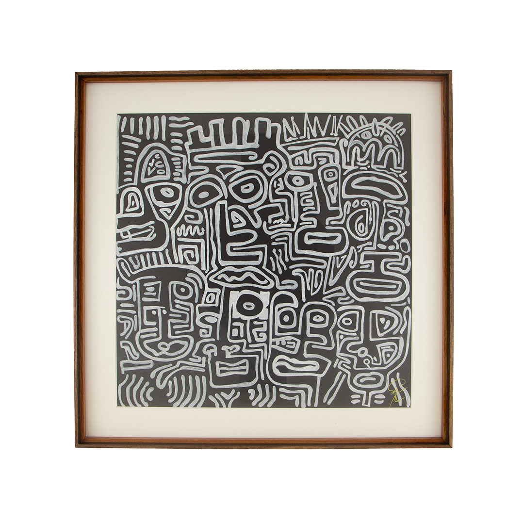 The image feels caught between competing poles, while repeated faces and marks slowly gather into coherence. Mêlée of Discovery: Artwork 003; framed monochrome artwork on paper