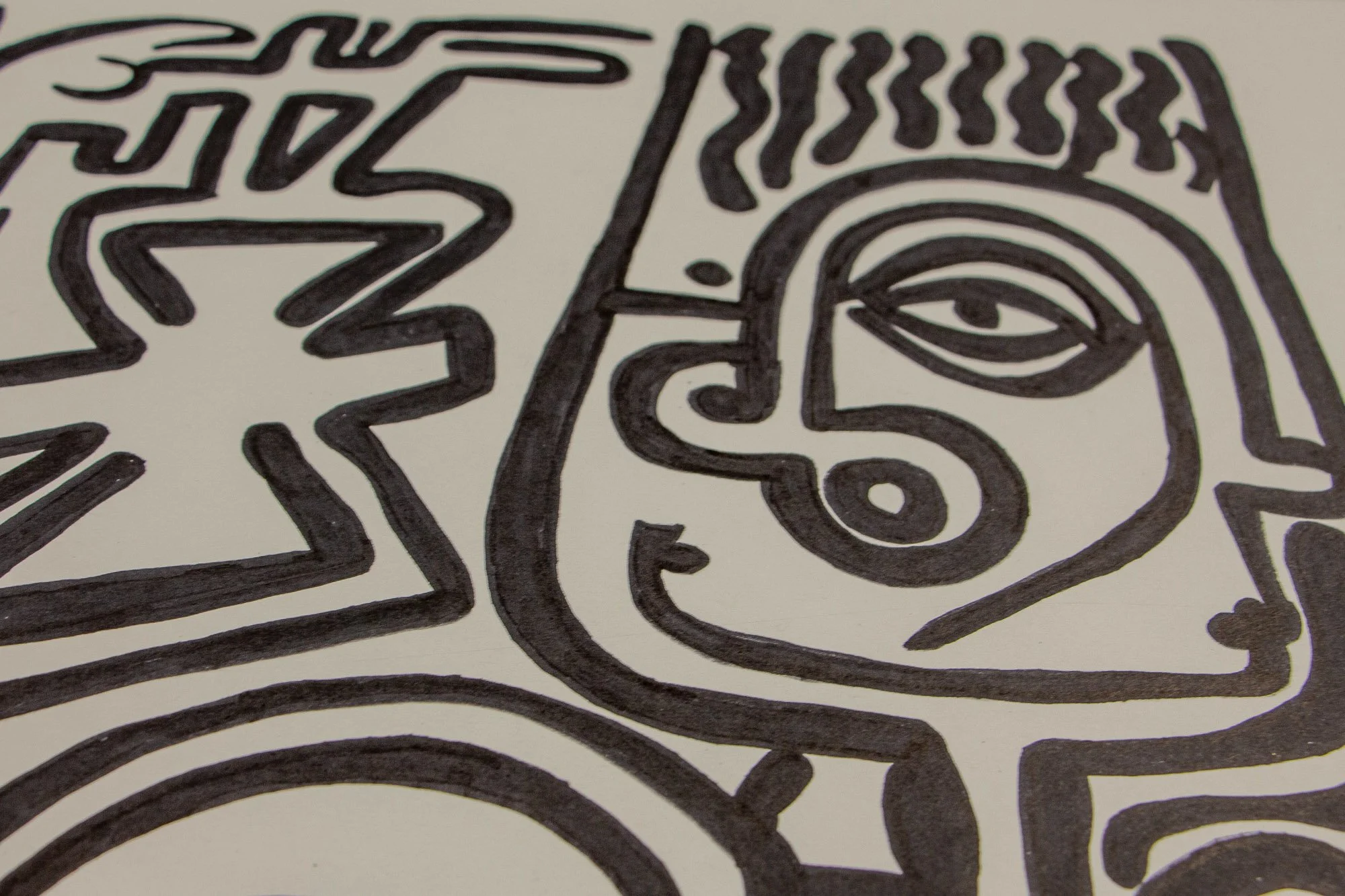 Elusive Cocoon 003 detail: angled close-up of the right-central area, showing a large almond-shaped eye within sweeping contour lines, bordered by stacked symbolic forms and adjacent profile fragments.