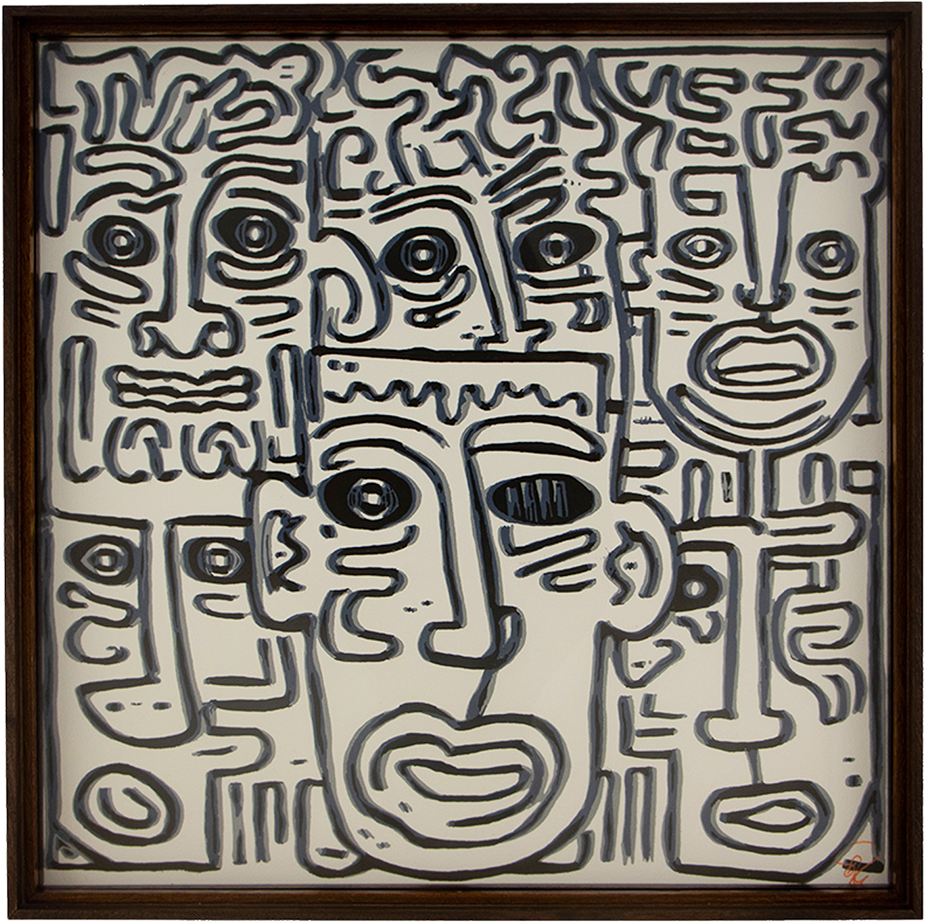 As the field shifts, one face begins to surface while the surrounding signs keep several readings alive. Luminous Parallax: Artwork 001; framed monochrome artwork on paper