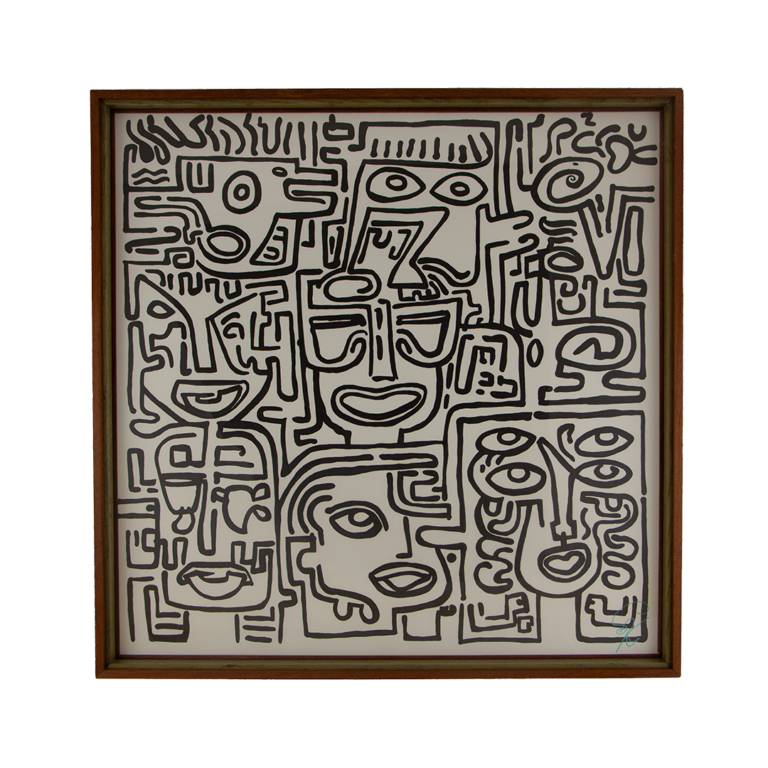 Resonant Syntax 002; black ink on paper; layered mahogany-and-oak frame in a mint, blue, and pink sequence.