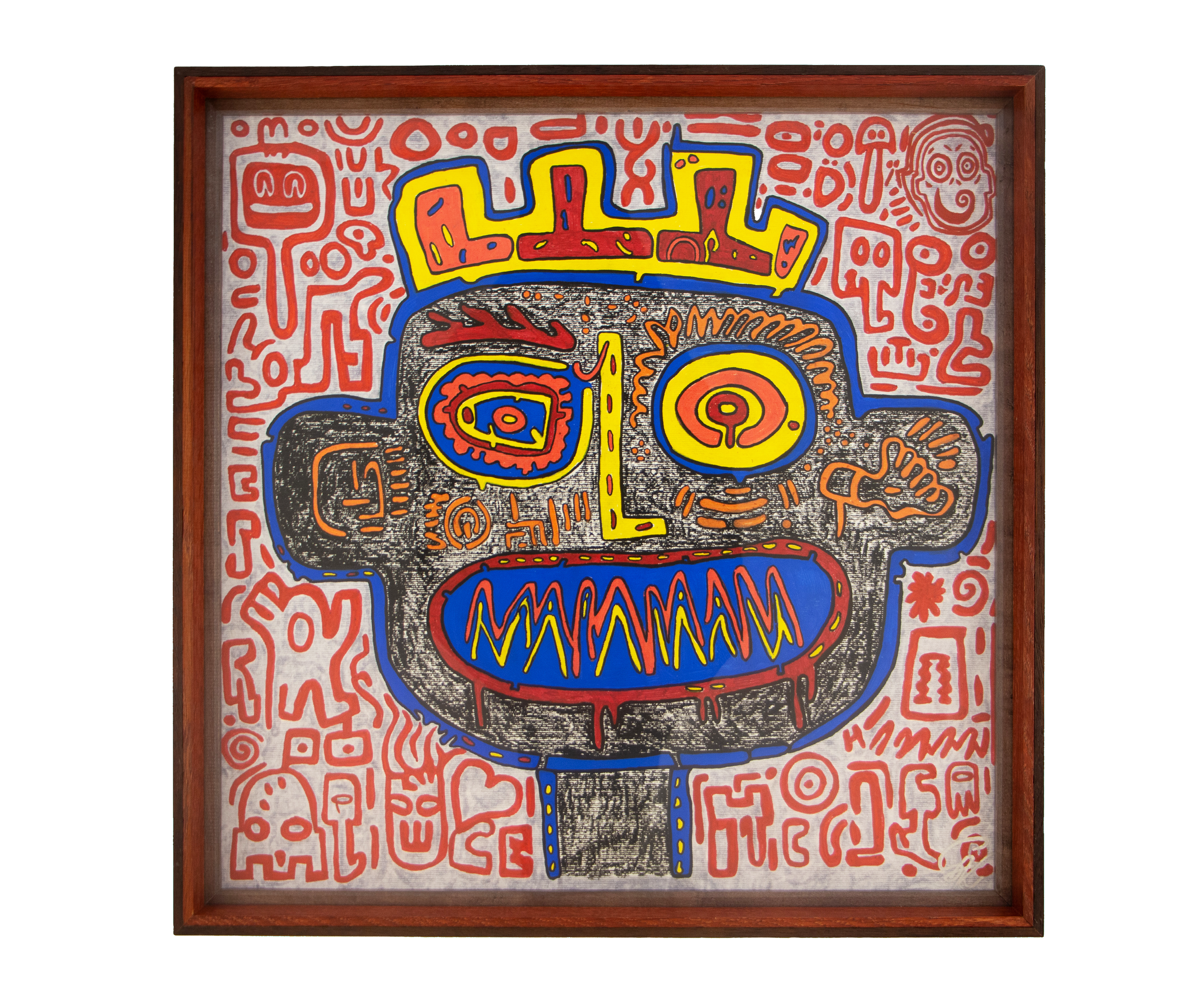 A stippled face with circular eyes, crown-like forms, and a large blue mouth. Unseen Signifiers 003; colorful composition; dark layered wooden frame.