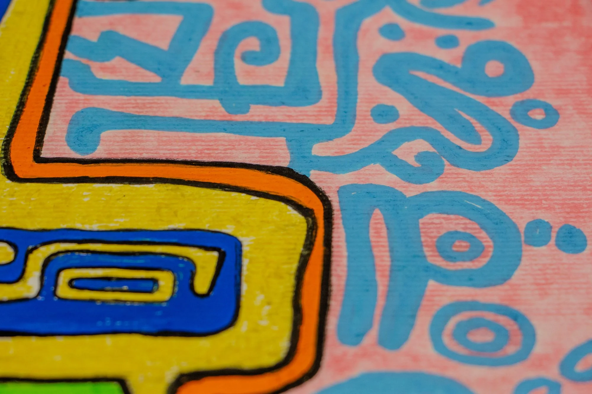 Unseen Signifiers 006 detail: close-up of the pink surrounding field with light-blue abstract symbols and dotted circular forms alongside the yellow facial contour.