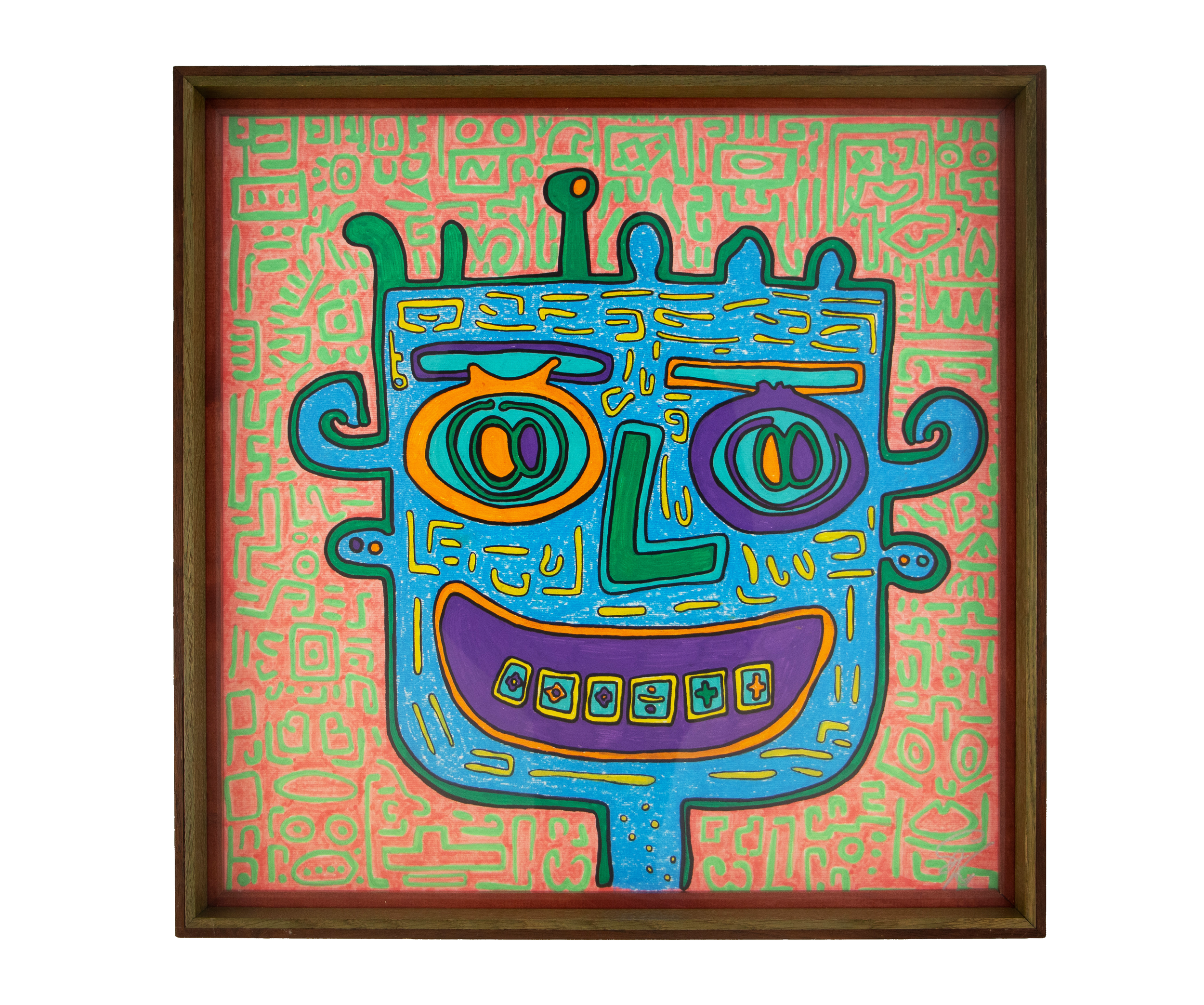A bright blue face with orange-purple eyes, green nose, and curved purple mouth. Unseen Signifiers 001; colorful composition; layered wooden frame.