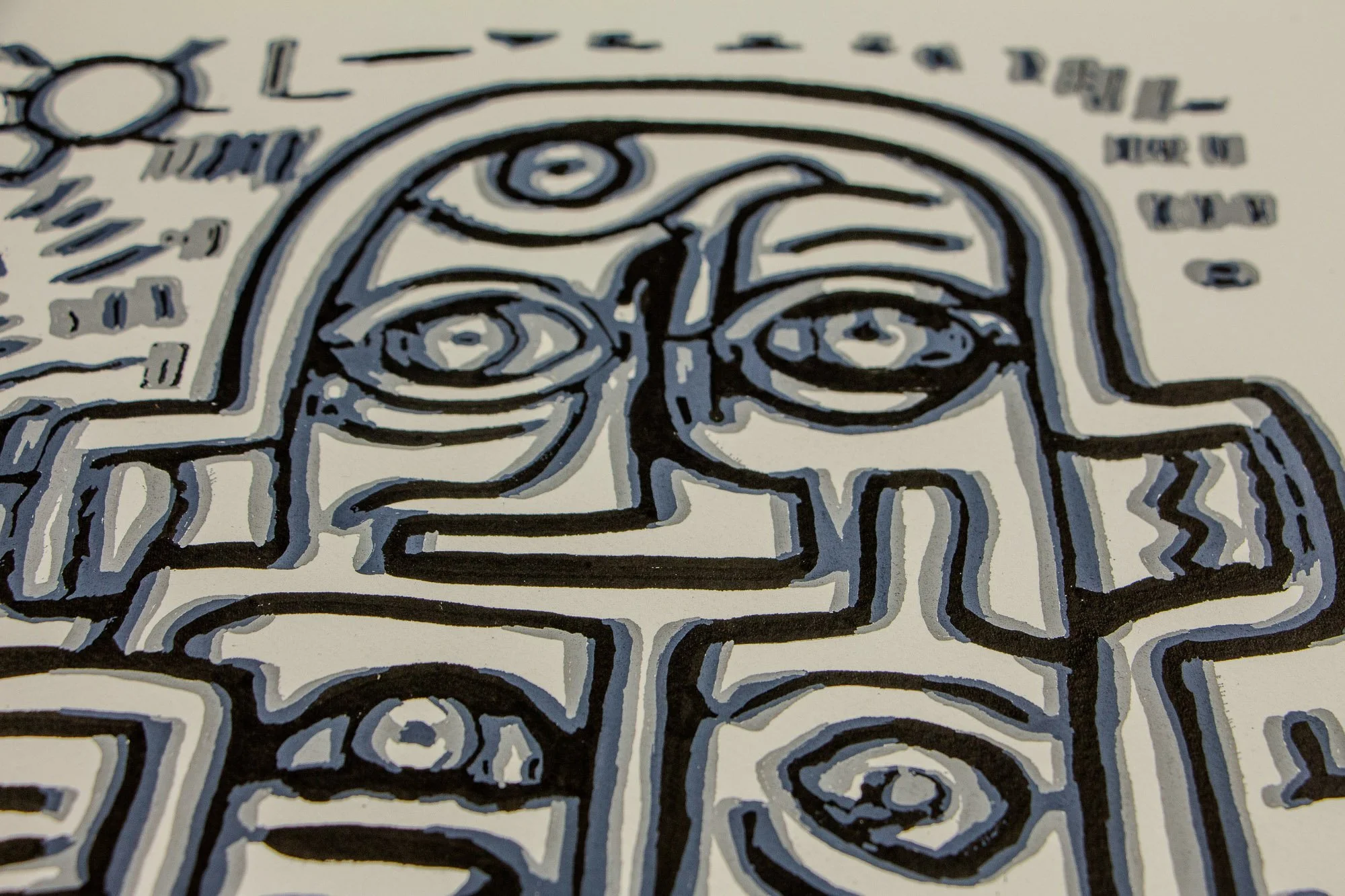 Luminous Parallax 003 detail: close-up of clustered eyes, crown-like shapes, and compact black-and-grey contours, emphasizing the work’s layered shifts between face and pattern.