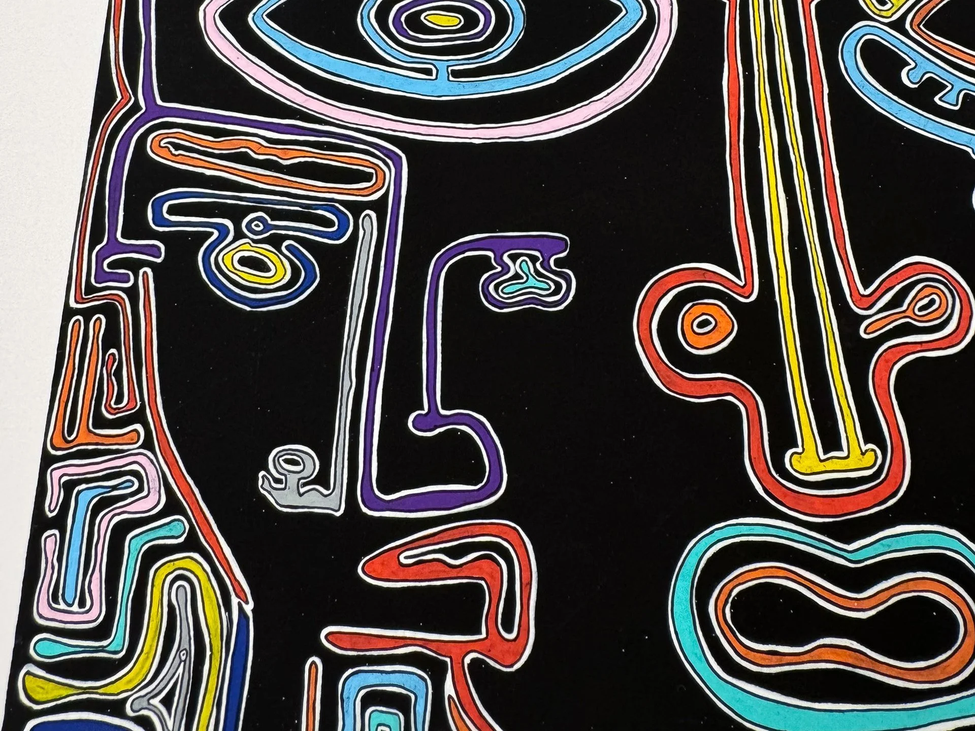 Close-up of the left side of the face, showing the left eye, part of the nose, mouth outline, and surrounding abstract line work in pastel pink, blue, violet, orange, yellow, and grey on a black background.