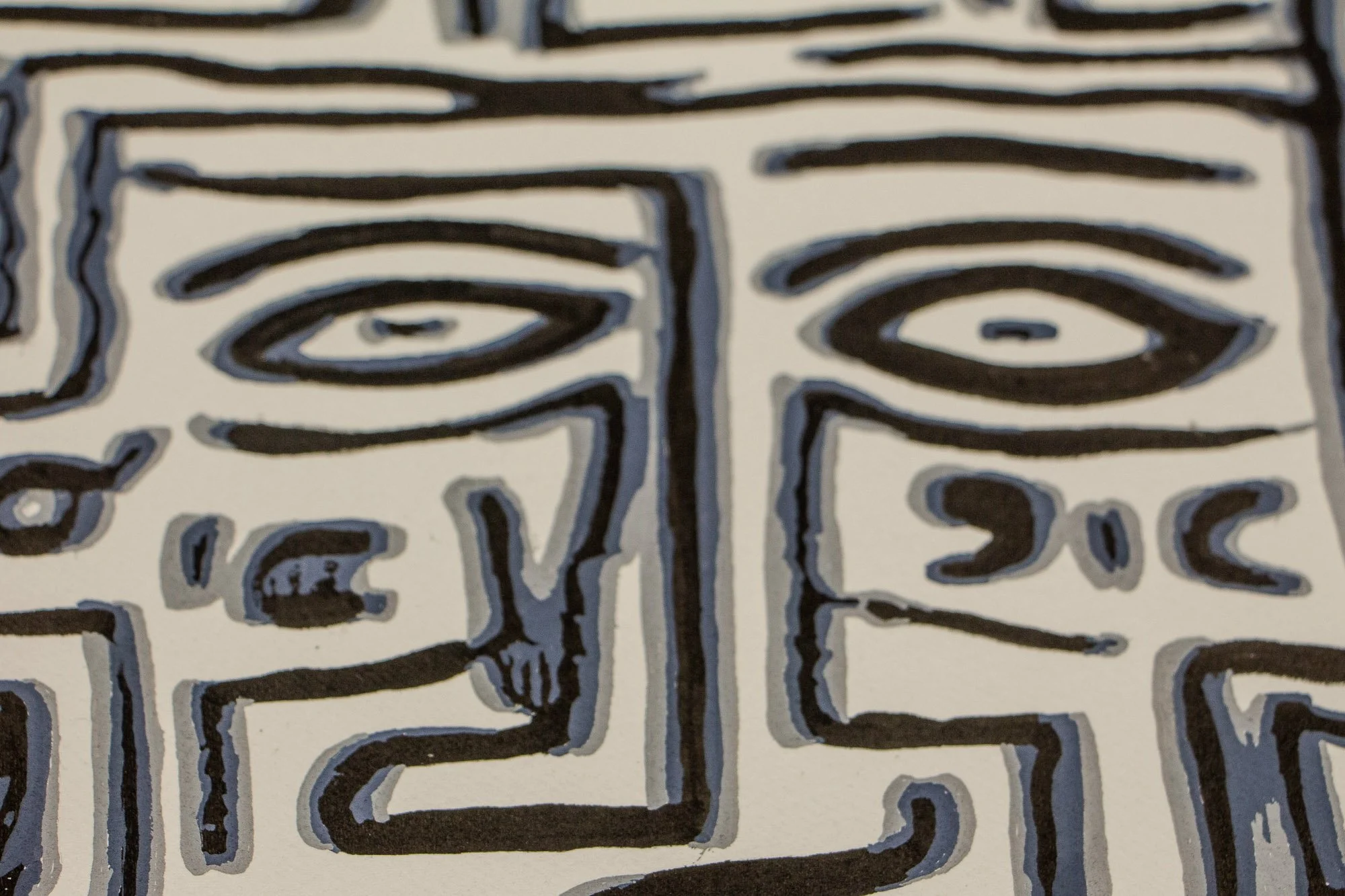 Luminous Parallax 003 detail: close-up of a hooded facial form and surrounding radiating field, where small rectangular marks and drifting eye motifs move between portrait and symbol.
