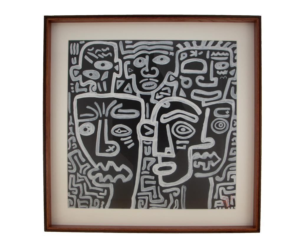 Fear contracts the space; susceptibility searches for footing, then awareness begins to open it. Metamorphic Entwining: Artwork 002; ink on paper; oak frame with a subtle wengé edge; frame accent: badi.