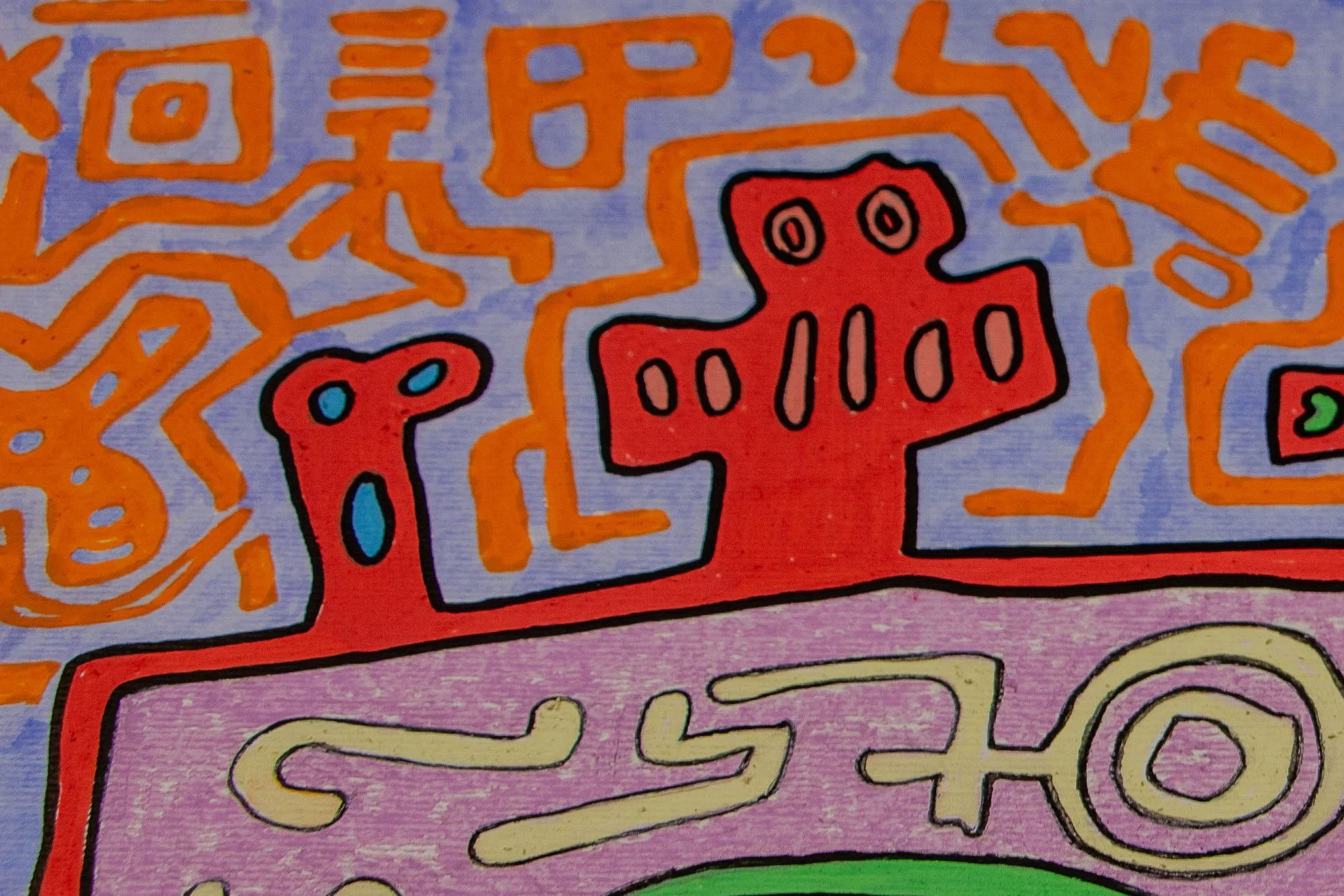 Unseen Signifiers 010 artwork detail: close-up of the upper red crest forms, showing organic cross-like figures with green and blue interior marks against the pale blue ground filled with orange glyph-like lines.