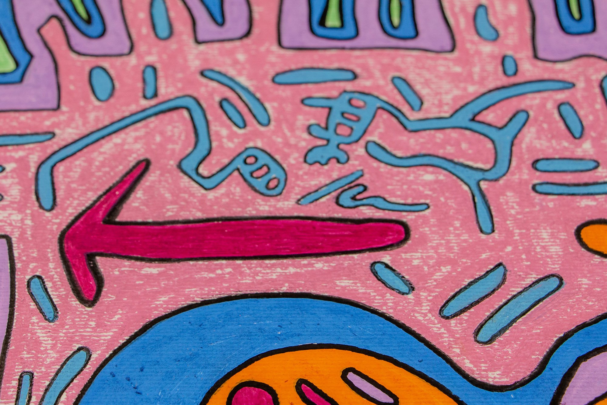 Unseen Signifiers 005 detail: upper-left close-up featuring the magenta arrow and small linear blue symbols across the pink field above the left eye.