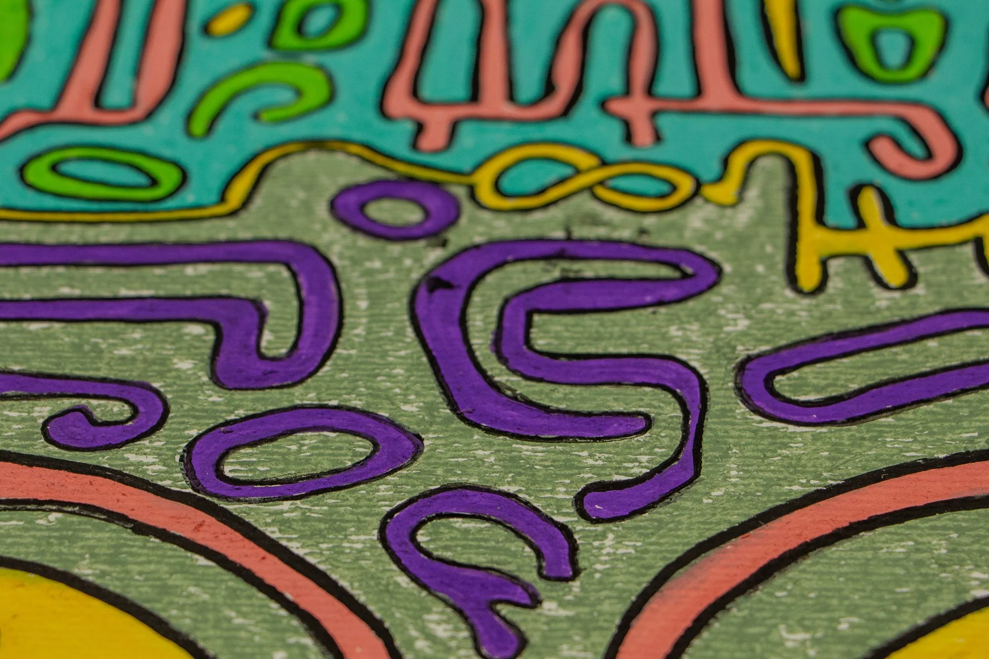 Unseen Signifiers 007 detail: macro view of the olive-green central field with purple linear forms and a yellow looped symbol beneath the turquoise upper band.
