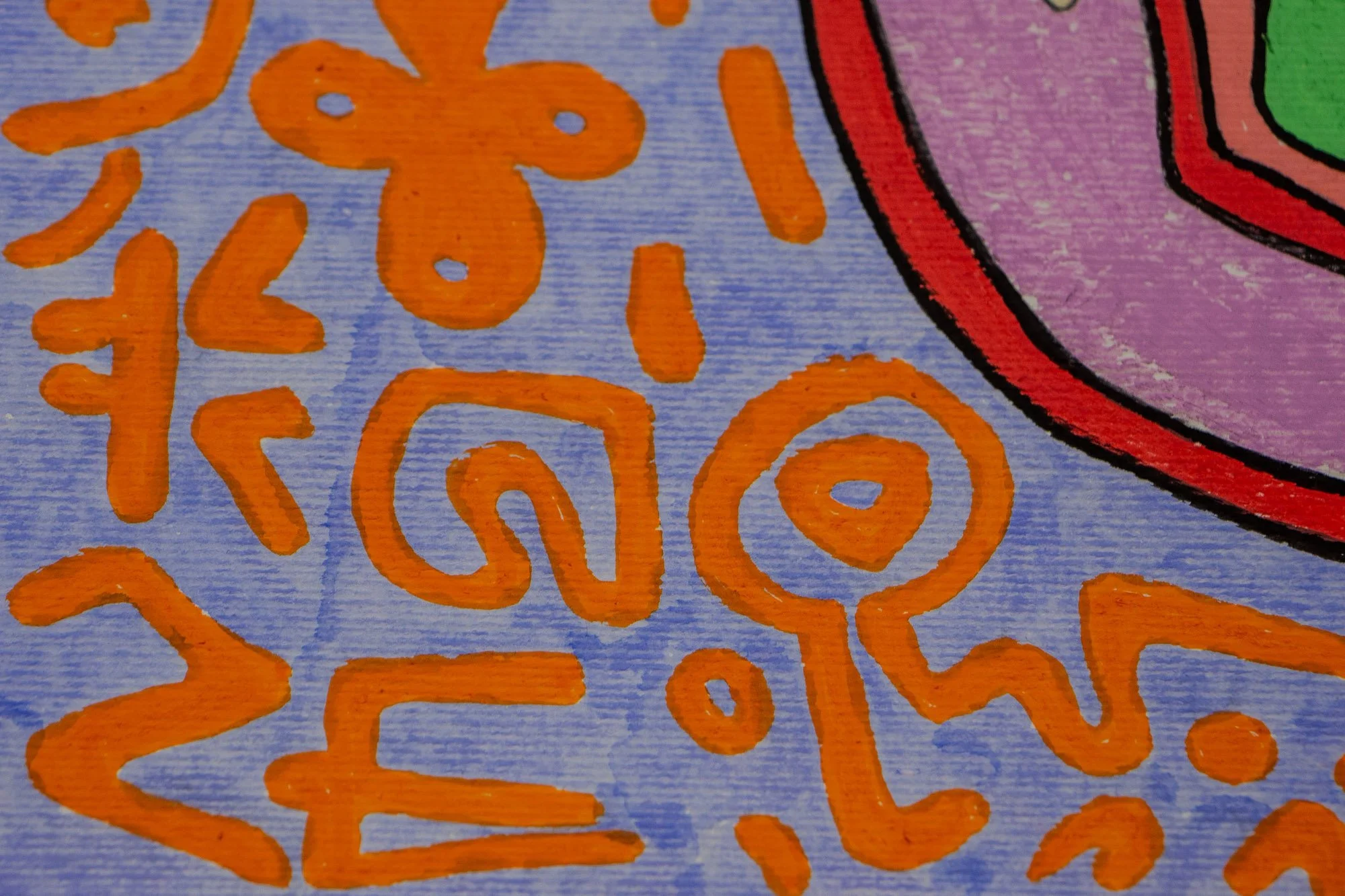 Unseen Signifiers 010 artwork detail: close-up of the upper red crest elements, highlighting their irregular symbolic shapes and colored inner accents against the pale blue field with orange linear signs.