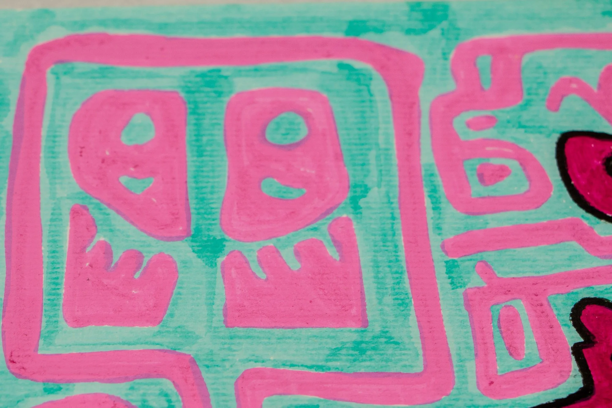 Unseen Signifiers 004 detail: upper border fragment with pink rectangular glyphs and short vertical accents across the turquoise background above the magenta contour line.